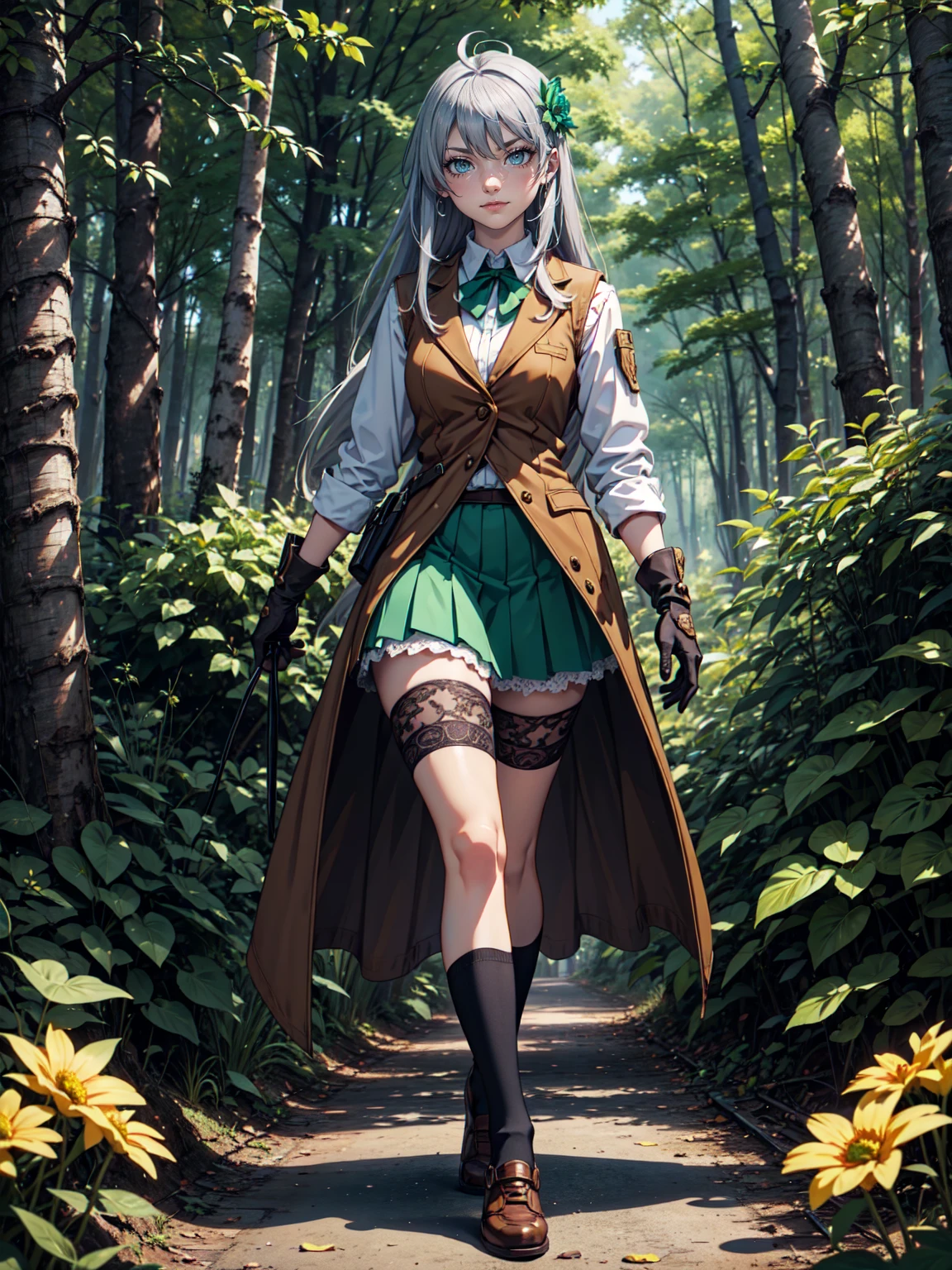 Ultra High Definition, Ultra High Quality, Hyper Definition, Hyper Quality, Hyper Detailed, Extremely Detailed, Perfectly Detailed, 8k, 1 Anime Female, Female Heroic Pose, Full Body, Long Silver Hair, Women's Brown Vest, shirt, Green Skirt, Brown Shoes, Gloves, Tights, Gloves, Solid Green Eyes,  Smirk Expression, White Flower Barrette, Dressed in school  , Forest Panoramic Background
