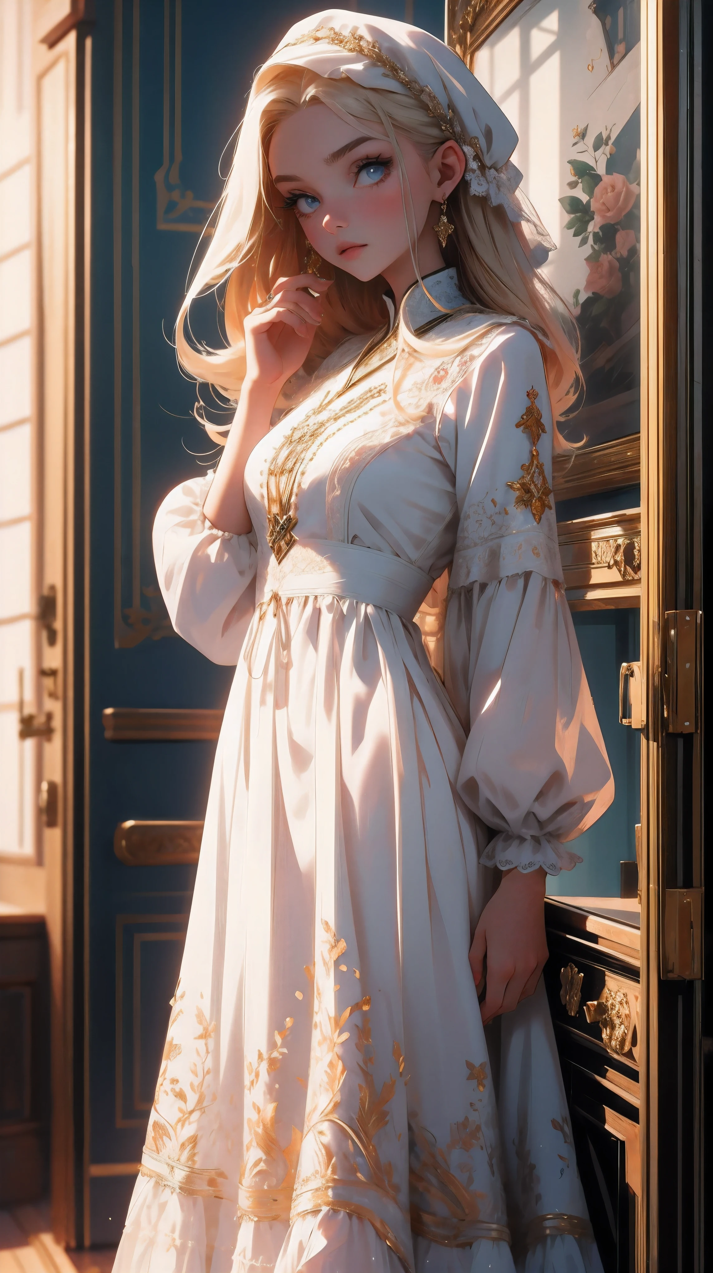 beautiful Russian girl in traditional white dress with embroidery