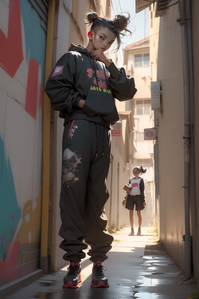 ((long shot, full body: 1.6)), purple: 1.5, orange: 1.1, green: 1.3, White: 1.3, yellow: 1.3, (rapper girl with scary hair, highly detailed eyes and body and beautiful baggy and baggy clothes :1.6), tattoos, (walls with Graffiti: 1.2), flower, Leaves, born in the mist, lines, leaning on the wall with a spray paint in her hand, action pose, 32K.