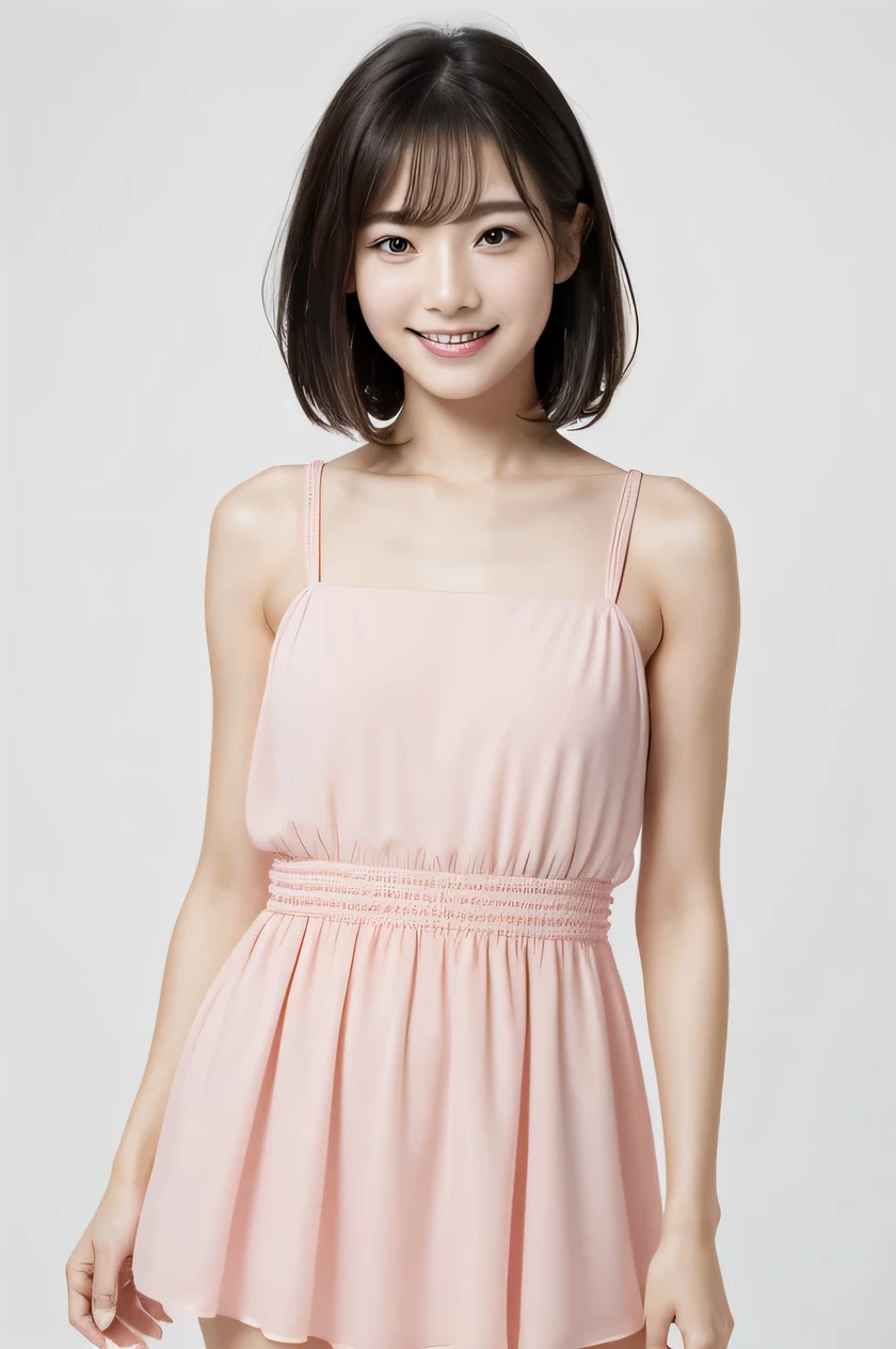 The beauty of 8K raw photos:2.0, Japanese woman, short hair, 18 years old, great face and dark eyes, looking down, looking at the viewer:1.5, big smile, wet hair, spread the legs wide, tiny top, (pink dress:1.2), shinny skin, realistic:1.9, very detailed, cowboy shot from bottom:1.2, High resolution RAW color photos, professional photos, Taken at the studio, plain wallpaper, girl sexy portrait