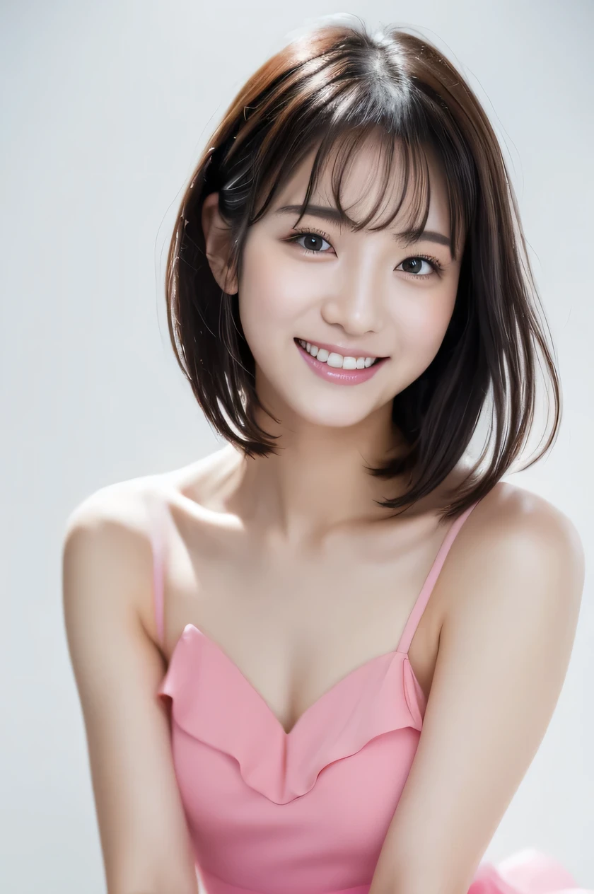 The beauty of 8K raw photos:2.0, Japanese woman, short hair, 18 years old, great face and dark eyes, looking down, looking at the viewer:1.5, big smile, wet hair, spread the legs wide, tiny top, (pink dress:1.2), shinny skin, realistic:1.9, very detailed, cowboy shot from bottom:1.2, High resolution RAW color photos, professional photos, Taken at the studio, plain wallpaper, girl sexy portrait