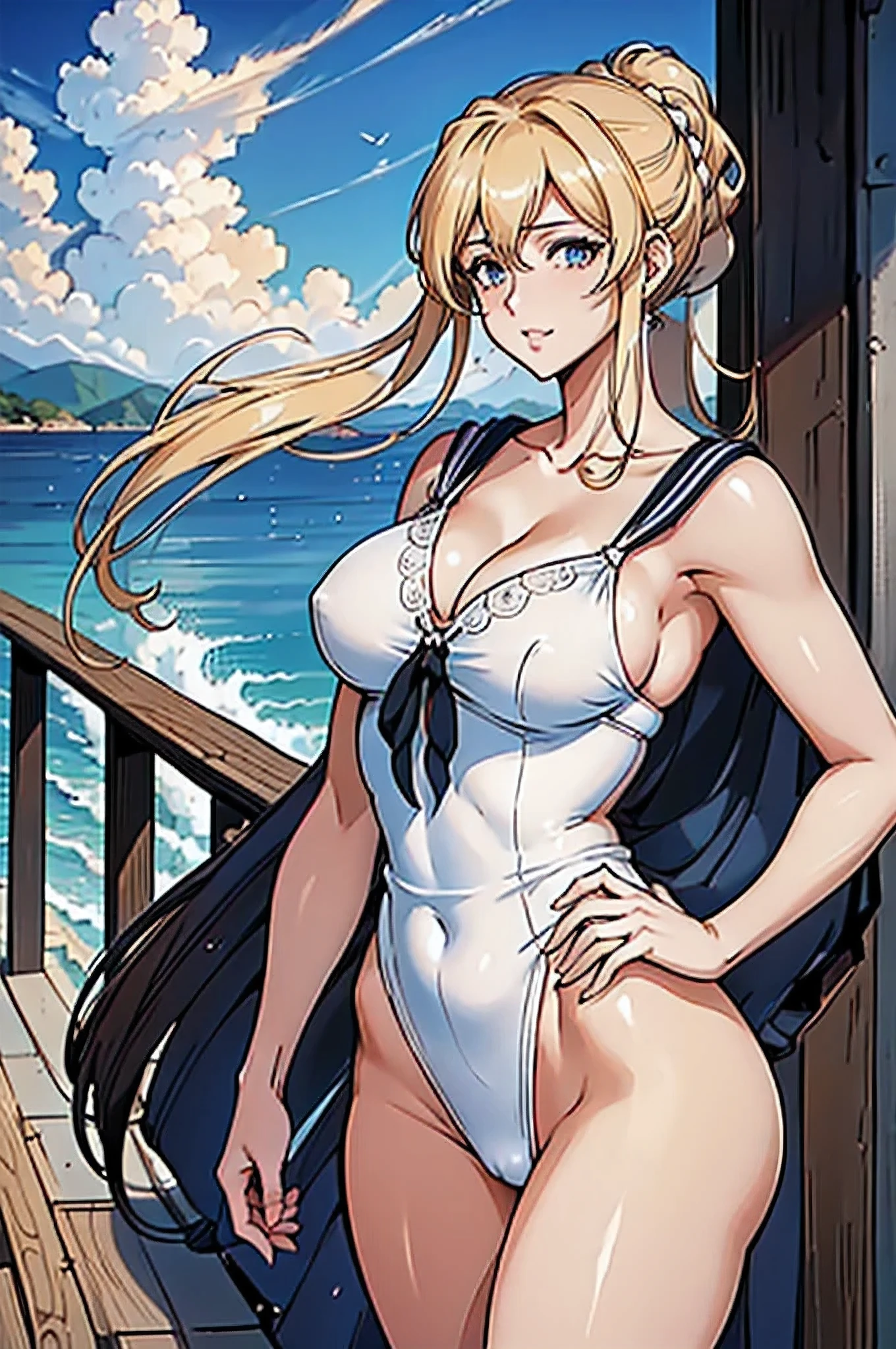 (8k, RAW foto, mejor calidad, (Obra maestra, super high quality, super detailed), anime style paisaje, chica joven, Absoluto, velas escarlatas, girl looking at the sea from the coast, camera looking at the sea, detalles intrincados, sailing ship with velas escarlatas, Una escena de una novela de Alexander Greene. "velas escarlatas" imagen de medio cuerpo, A beautiful women posing for a photograph in an alley, brown ponytail, golpes, risa feliz, blue eyes, Cuerpo magro musculoso, perfect anatomy, Looking to the camera, Time of the day, cielo azul, estilo animado, al aire libre, tendencia en artstation, Oh!, sakimichan muy sensual, con ropa original cuerpo entero, muy realista, extremadamente realista, extremadamente y, 8k, 8k extremadamente detallado), (un extremadamente delicado y hermoso), (obra maestra), (mejor calidad: 1.0), (ultra high resolution:1.0)