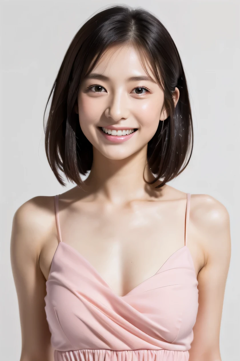 The beauty of 8K raw photos:2.0, Japanese woman, short hair, 18 years old, great face and dark eyes, looking down, looking at the viewer:1.5, big smile, wet hair, spread the legs wide, tiny top, (pink dress:1.2), shinny skin, realistic:1.9, very detailed, cowboy shot from bottom:1.2, High resolution RAW color photos, professional photos, Taken at the studio, plain wallpaper, girl sexy portrait