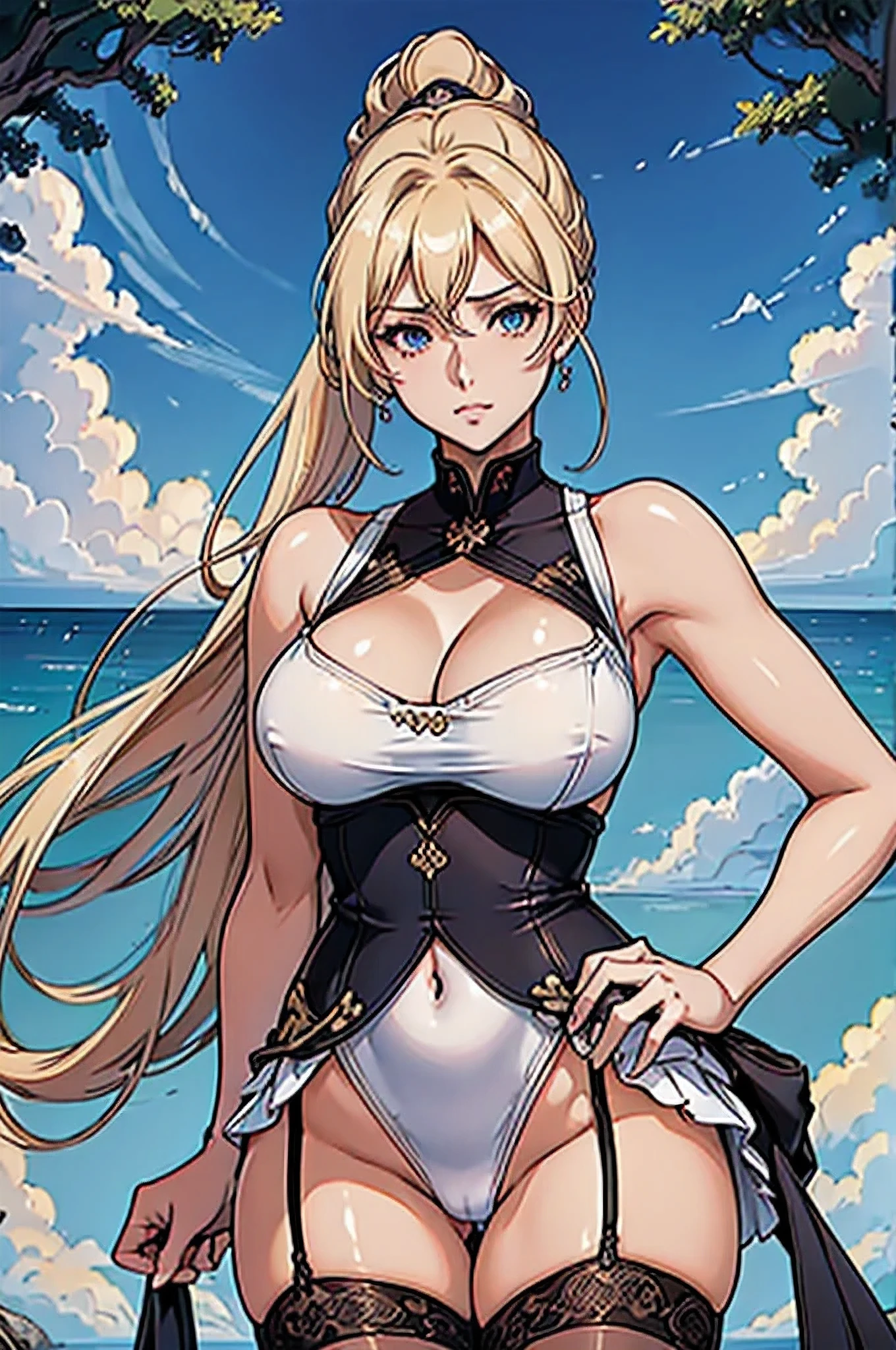 (8k, RAW foto, mejor calidad, (Obra maestra, super high quality, super detailed), anime style paisaje, chica joven, Absoluto, velas escarlatas, girl looking at the sea from the coast, camera looking at the sea, detalles intrincados, sailing ship with velas escarlatas, Una escena de una novela de Alexander Greene. "velas escarlatas" imagen de medio cuerpo, A beautiful women posing for a photograph in an alley, brown ponytail, golpes, risa feliz, blue eyes, Cuerpo magro musculoso, perfect anatomy, Looking to the camera, Time of the day, cielo azul, estilo animado, al aire libre, tendencia en artstation, Oh!, sakimichan muy sensual, con ropa original cuerpo entero, muy realista, extremadamente realista, extremadamente sexy, 8k, 8k extremadamente detallado), (un extremadamente delicado y hermoso), (obra maestra), (mejor calidad: 1.0), (ultra high resolution:1.0)