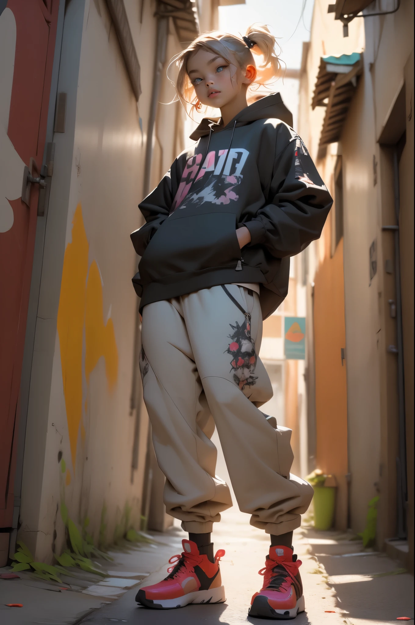 ((long shot, full body: 1.6)), purple: 1.5, orange: 1.1, green: 1.3, White: 1.3, yellow: 1.3, (rapper girl with scary hair, highly detailed eyes and body and beautiful baggy and baggy clothes :1.6), tattoos, (walls with Graffiti: 1.2), flower, Leaves, born in the mist, lines, leaning on the wall with a spray paint in her hand, action pose, 32K.