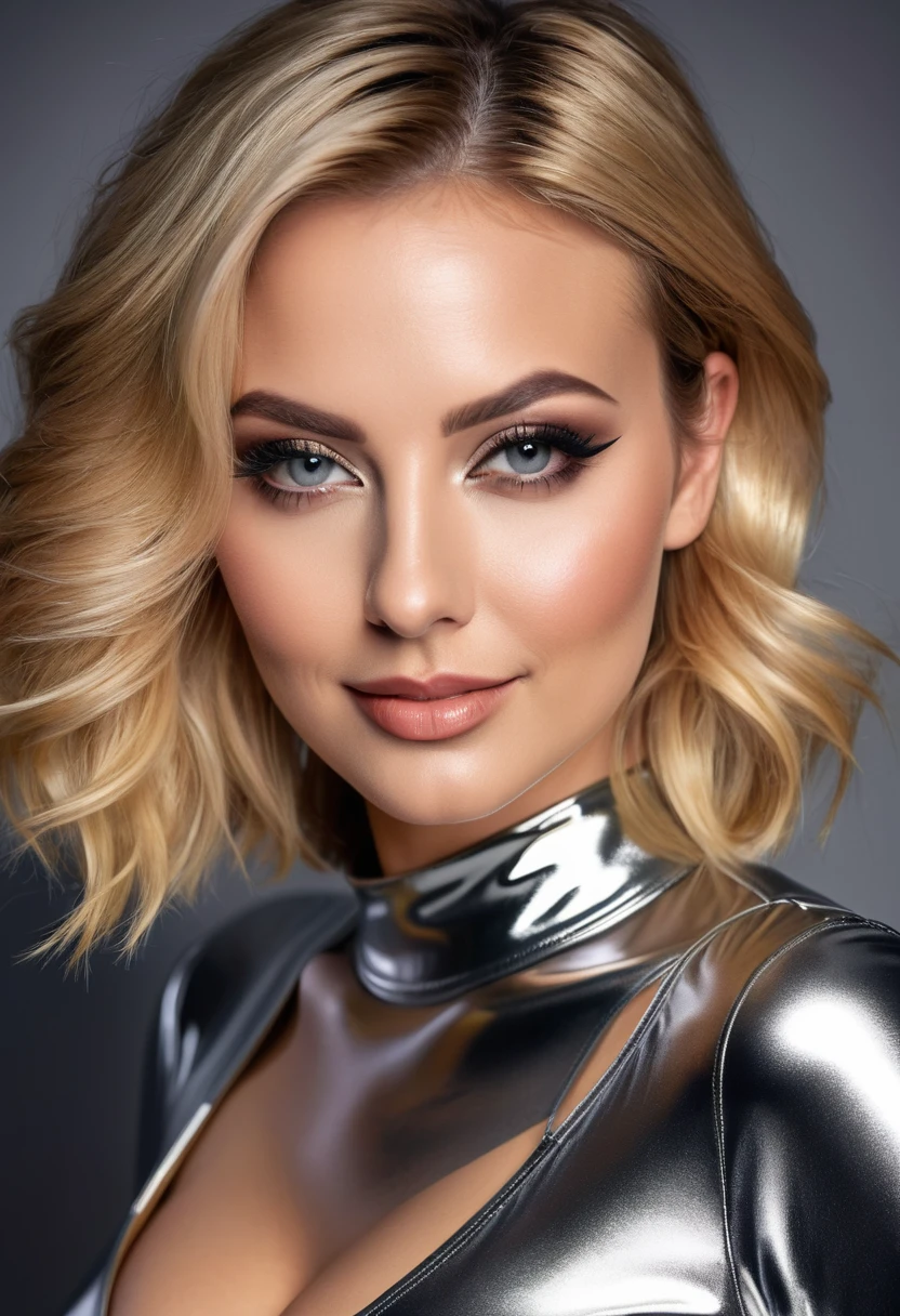 hyperrealistic beautiful busty 30-year-old women in ultra shiny metallic jumpsuit, model shooting mugshot photography, dyed blonde classic bob, dark eye makeup with eyeliner, seductive smile, 8K, best quality, Meisterwerk, ultra high resolution, (Realismus: 1.4), Originalfoto, (realistische Hautstruktur: 1.3), (Filmkorn: 1.3), (Selfie-Winkel), 1 girl, Beautiful eyes and facial details, Meisterwerk, best quality