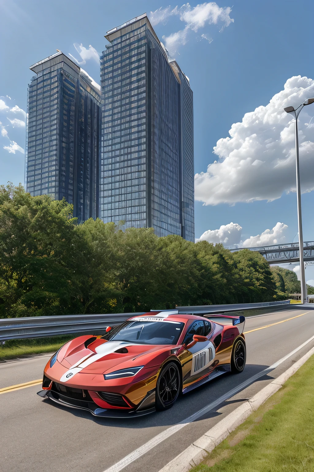 Super bright and modern metallic-vermillion racing car is running on the expressway,
City of high transportation technology complex, high building, and towers,
Good green environmental atmosphere,
Morning sunlight with blue sky and white cloud.