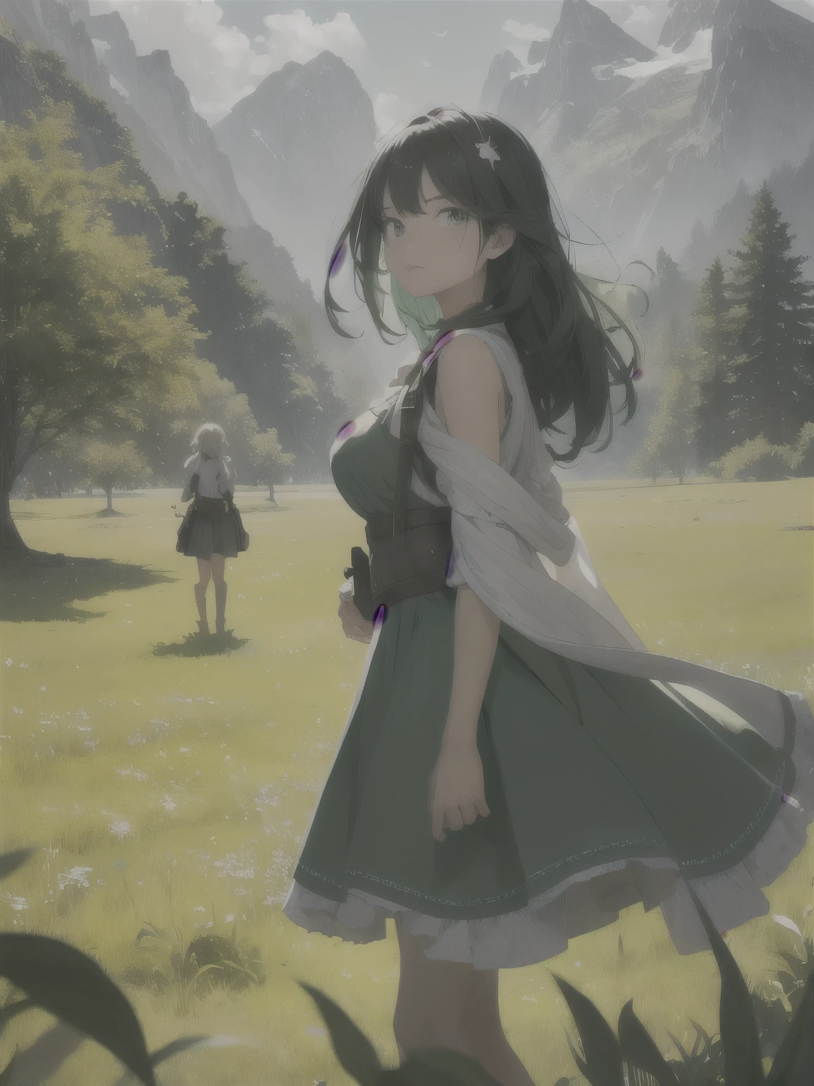 In a green meadow stands a girl leading a group of knights.
BREAK
With a brave expression, she guides them towards their destination.
BREAK
Behind her, a green forest stretches out and beyond that, mountains rise in the distance.
BREAK
The most suitable effect for this scene would be a watercolor painting technique to capture the softness of the meadow and the fluidity of the movement.
