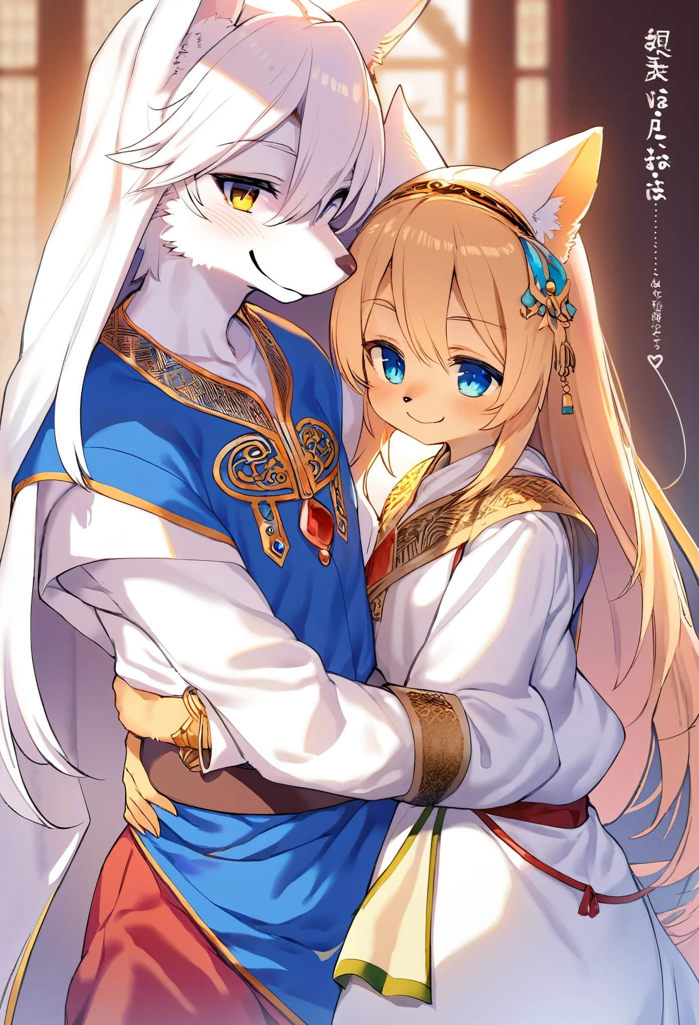 doujinshi cover_page, highres, top quality, best quality, paid reward available, unparalleled masterpiece, perfect artwork, absurdres, High-quality illustrations, super high resolution, detailed background, perfect anatomy(1girl, 1boy, couple, kemono, furry anthro, fearless smile, Arab national costume, love romance)The Arabian Nights, Alf Laylah wa Laylah,