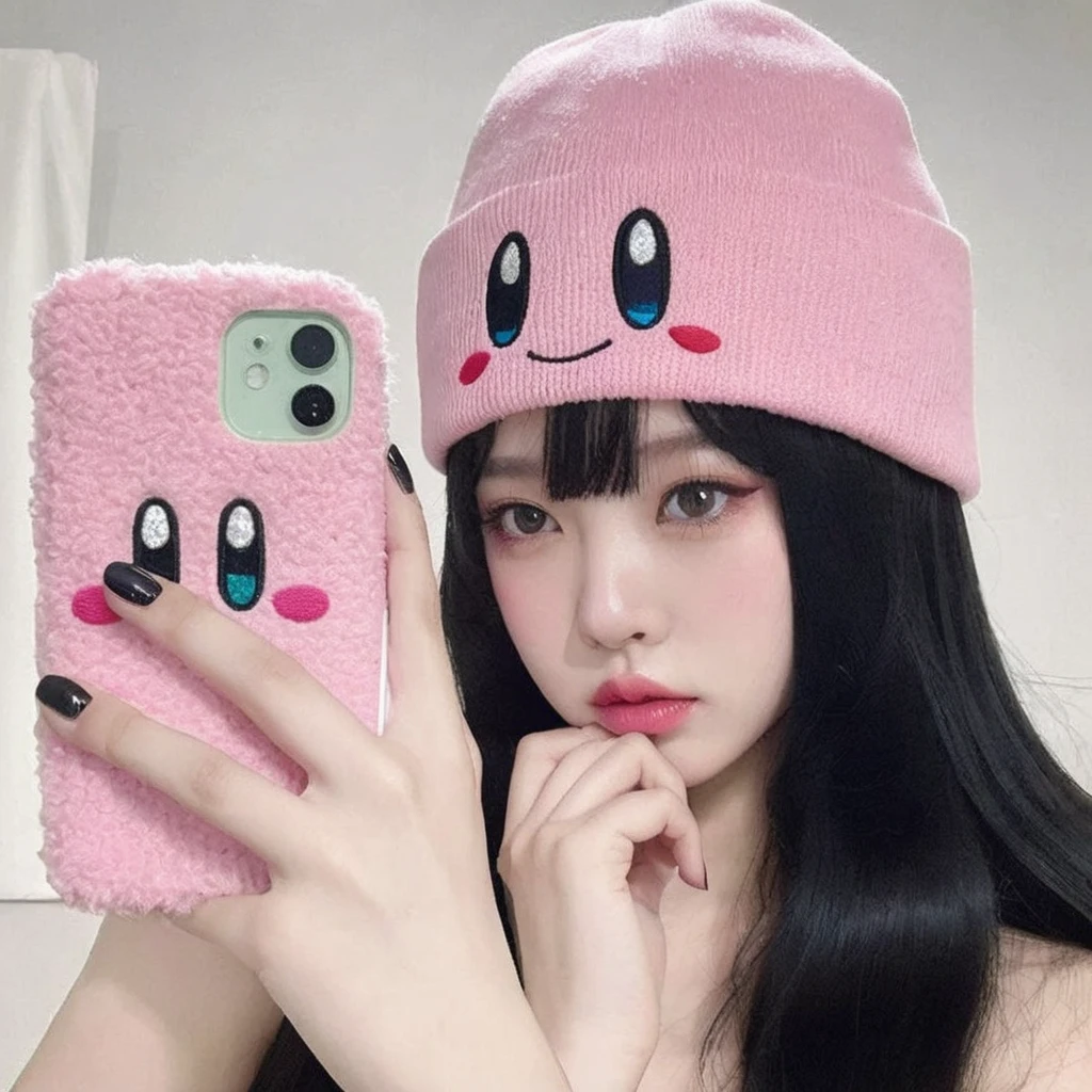 Araffe girl with long black hair wearing a pink hat and holding a pink phone, linda chica kawaii, usando un lindo sombrero, kawaii aesthetic, (colores rosados), estilo durazno y goma, estilo kawaii, ella tiene una cara linda, bella delfina, pink iconic character, lindos sombreros, ella tiene una linda cara expresiva, ulzzang, lindo caricaturesco, Song Yuqi of (G)I-dle