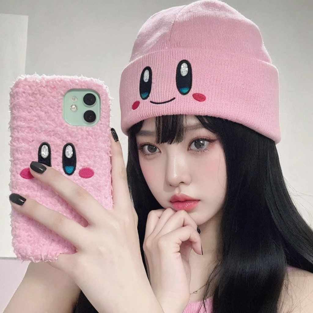 Araffe girl with long black hair wearing a pink hat and holding a pink phone, linda chica kawaii, usando un lindo sombrero, kawaii aesthetic, (colores rosados), estilo durazno y goma, estilo kawaii, ella tiene una cara linda, bella delfina, pink iconic character, lindos sombreros, ella tiene una linda cara expresiva, ulzzang, lindo caricaturesco, Song Yuqi of (G)I-dle