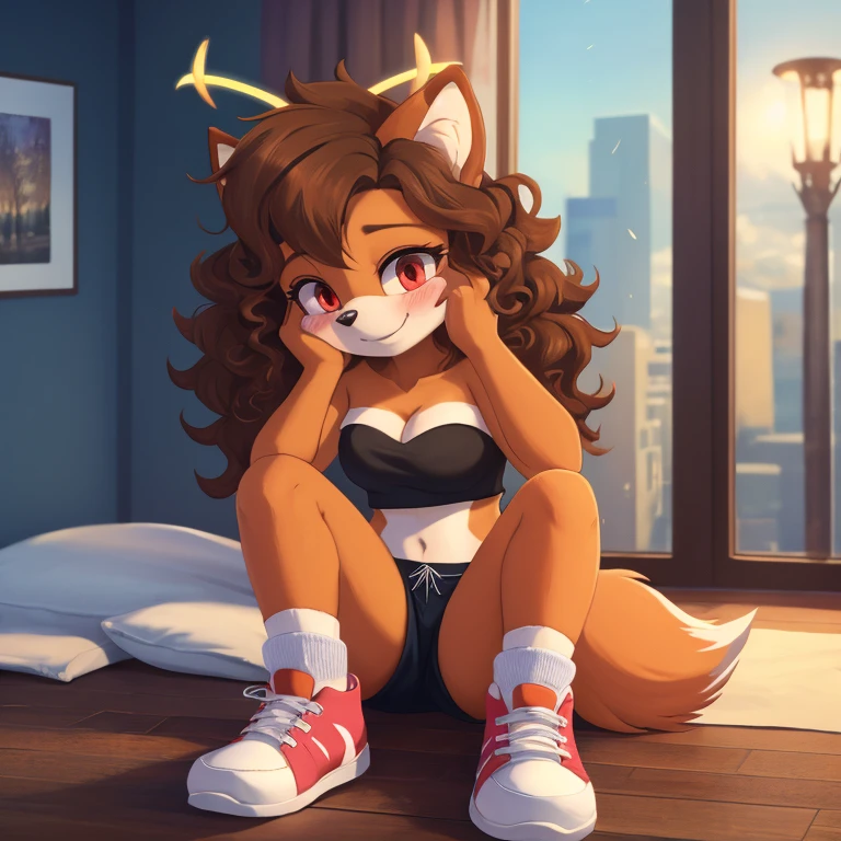 mobian, hedgehog, two-tone fur ((orange fur, brown fur)), pyjama elastic shorts, strapless crop top, cleavage, high-top sneakers, two-tone hair (brown hair, black tip)), curly hair, halo, sunglasses, jewelry, red eyes, longeyelashes, red eyes, smile, shy, blush, high detail, masterpiece, UHD, anatomically correct, super detail, highres, 4K