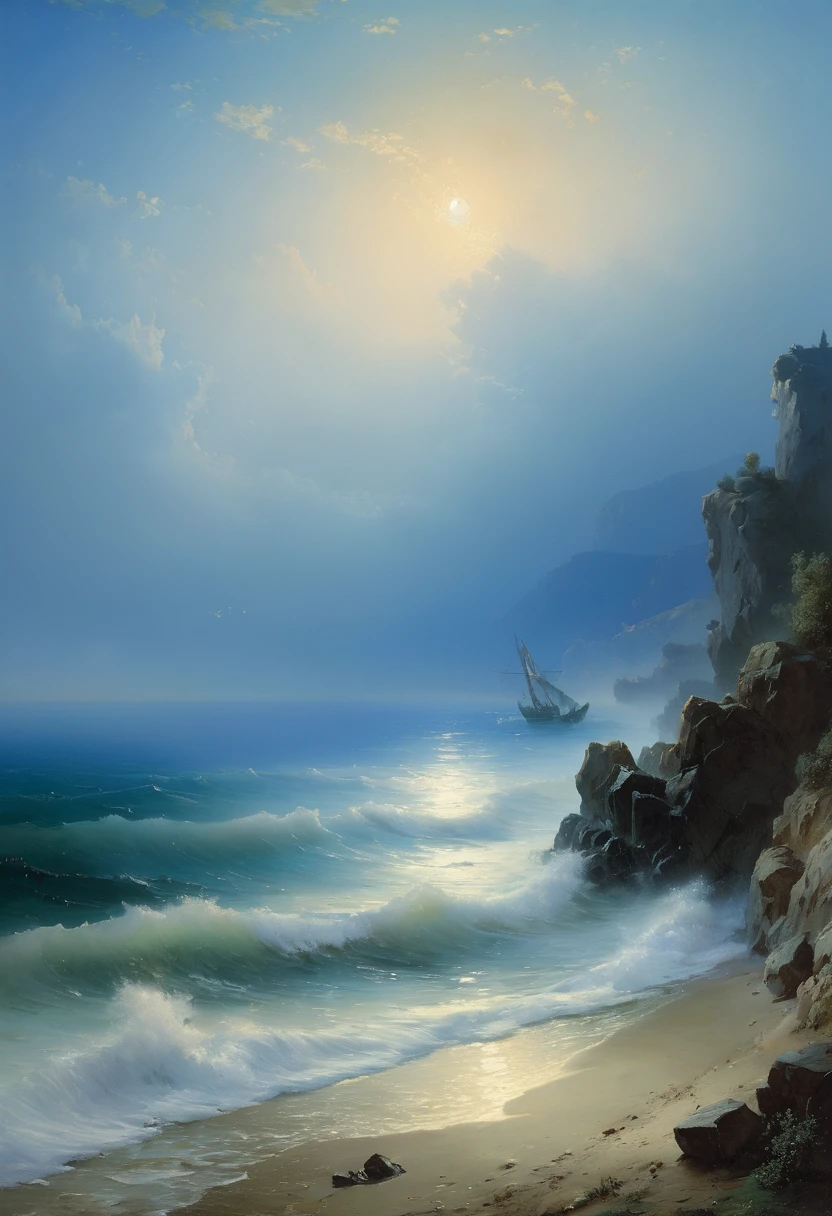 Blue Coast, beach, by Ivan Aivazovsky, best quality, masterpiece, very aesthetic, perfect composition, intricate details, ultra-detailed
