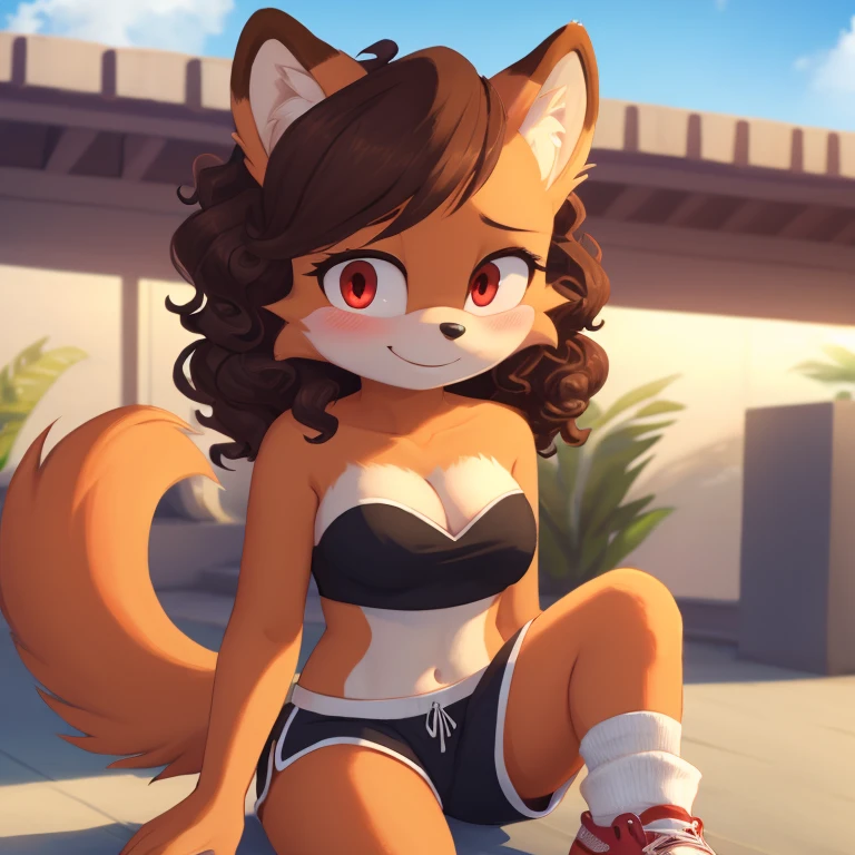 mobian, hedgehog, two-tone fur ((orange fur, brown fur)), pyjama elastic shorts, strapless crop top, cleavage, high-top sneakers, two-tone hair (brown hair, black tip)), curly hair, halo, sunglasses, jewelry, red eyes, longeyelashes, red eyes, smile, shy, blush, high detail, masterpiece, UHD, anatomically correct, super detail, highres, 4K