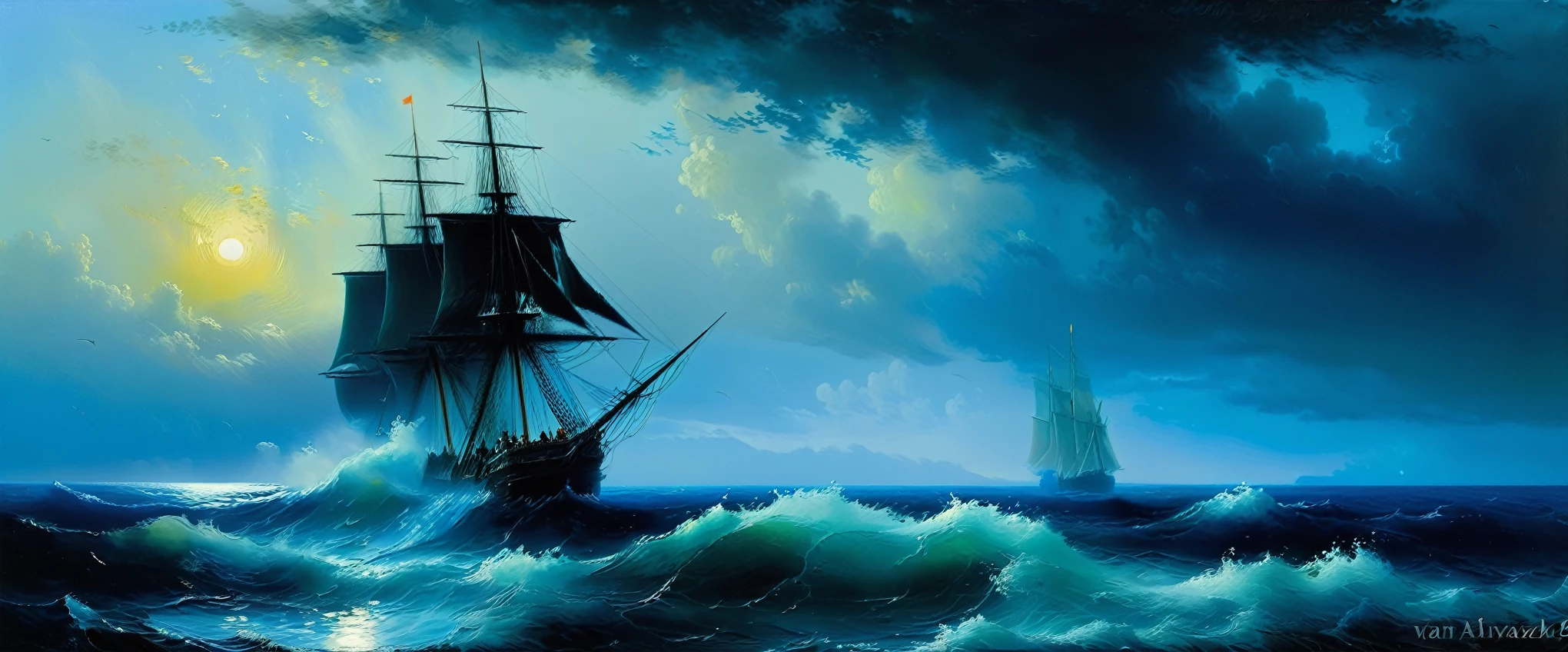 (((Blue Coast))), high quality, masterpiece,((Ivan Aivazovsky style)), dark color, marinism, oil painting knife, ((best quality, masterpiece)), (high detail), impressionism:1.1, 8k