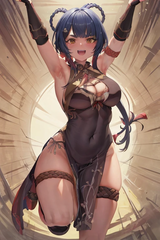 masterpiece, best quality, beautiful art, high resolution, well formed hands, body and fingers, 1 woman, solo, Xiangling, grown up, adult, big ed, cleava body, , wearing a Bremerton kung Fu cruiser outfit, sexy and skimphinese dress outfit , long  hair, hair ornament, gorgeous legs and thighs,  she is fighting in a combat match at a martial arts tournament, she is getting ready to fight, making her guard pose, action and fighting scene, about to hit the viewer, looking at the viewer, sweating , feeling confident and proud, smiling joyfully and happily, charming her opponent with her beauty, bouncing  breasts, fighting martial arts tournament on the beach 