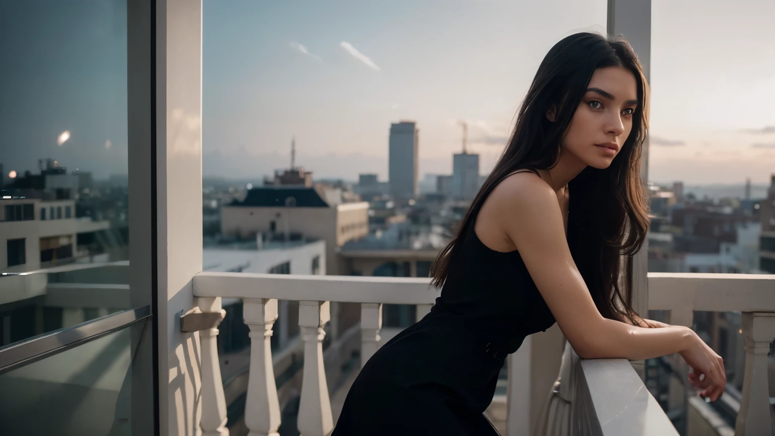 Instagram photo of girl, European looks, beautifully detailed face, black hair, long straight hair, in black cocktail dress, beautiful little dress accentuating girl's athletic figure, on balcony, full-length shot, RAW photoshop skin textures, 35mm, 4k textures, soft Cinematic Light, RAW photo, photorealism, photorealistic, complex, elegant, very detailed, sharp focus, (((( cinematic-view)))), soothing tones, crazy details, intricate details, hyper-detailing, low contrast, soft Cinematic Light, dull colours, exposure blending