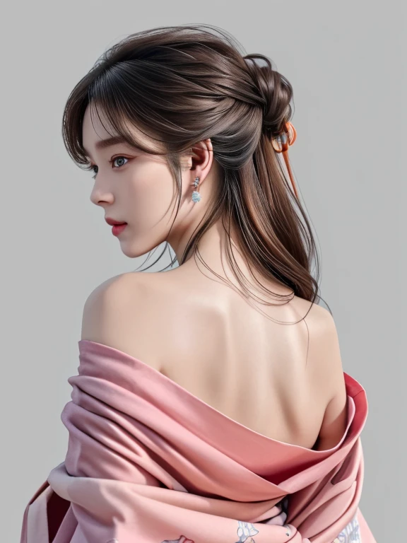 Best quality, masterpiece, high resolution, 1 girl, realism, (high detail skin: 1.2), 8k UHD, DSLR, soft light, high quality, volumetric lighting, photo, high resolution 4K, 8K, blurred background, (from behind), (shoulder blades), beautiful neck, kimono, off shoulder kimono, looking at camera, asian, brown hair, tied up hair, black eyes, perfect eyes, double eyelids, simple earrings, seductive face, SFW