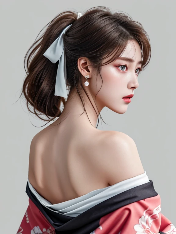 Best quality, masterpiece, high resolution, 1 girl, realism, (high detail skin: 1.2), 8k UHD, DSLR, soft light, high quality, volumetric lighting, photo, high resolution 4K, 8K, blurred background, (from behind), (shoulder blades), beautiful neck, kimono, off shoulder kimono, looking at camera, asian, brown hair, tied up hair, black eyes, perfect eyes, double eyelids, simple earrings, seductive face, SFW