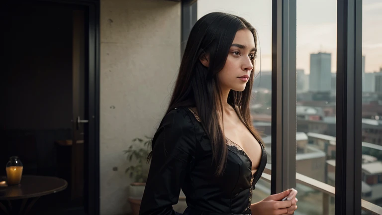 Instagram photo of girl, European looks, beautifully detailed face, black hair, long straight hair, in black cocktail dress, beautiful little dress accentuating girl's athletic figure, on balcony, full-length shot, RAW photoshop skin textures, 35mm, 4k textures, soft Cinematic Light, RAW photo, photorealism, photorealistic, complex, elegant, very detailed, sharp focus, (((( cinematic-view)))), soothing tones, crazy details, intricate details, hyper-detailing, low contrast, soft Cinematic Light, dull colours, exposure blending