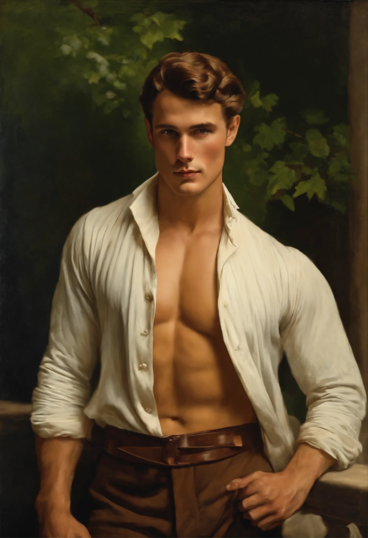 White man with brown short hair. His physique is vigorous, It should be large. Er befindet sich in der Stadt. open shirt, regency era