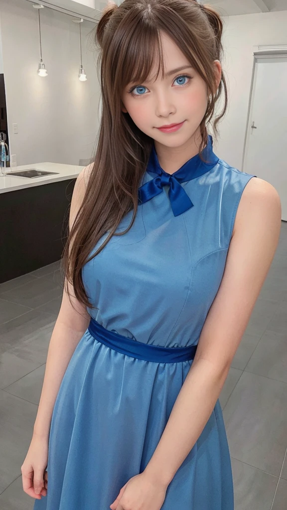 Blue eyes,Blue dress,brown hair, hair over shoulder, ponytail, grin, blush, Surrealism, Hyperrealism, Verism, wide shot, UHD, masterpiece, ccurate, anatomically correct, textured skin, super detail, high details, high quality, highres, 1080P, HD, 8k