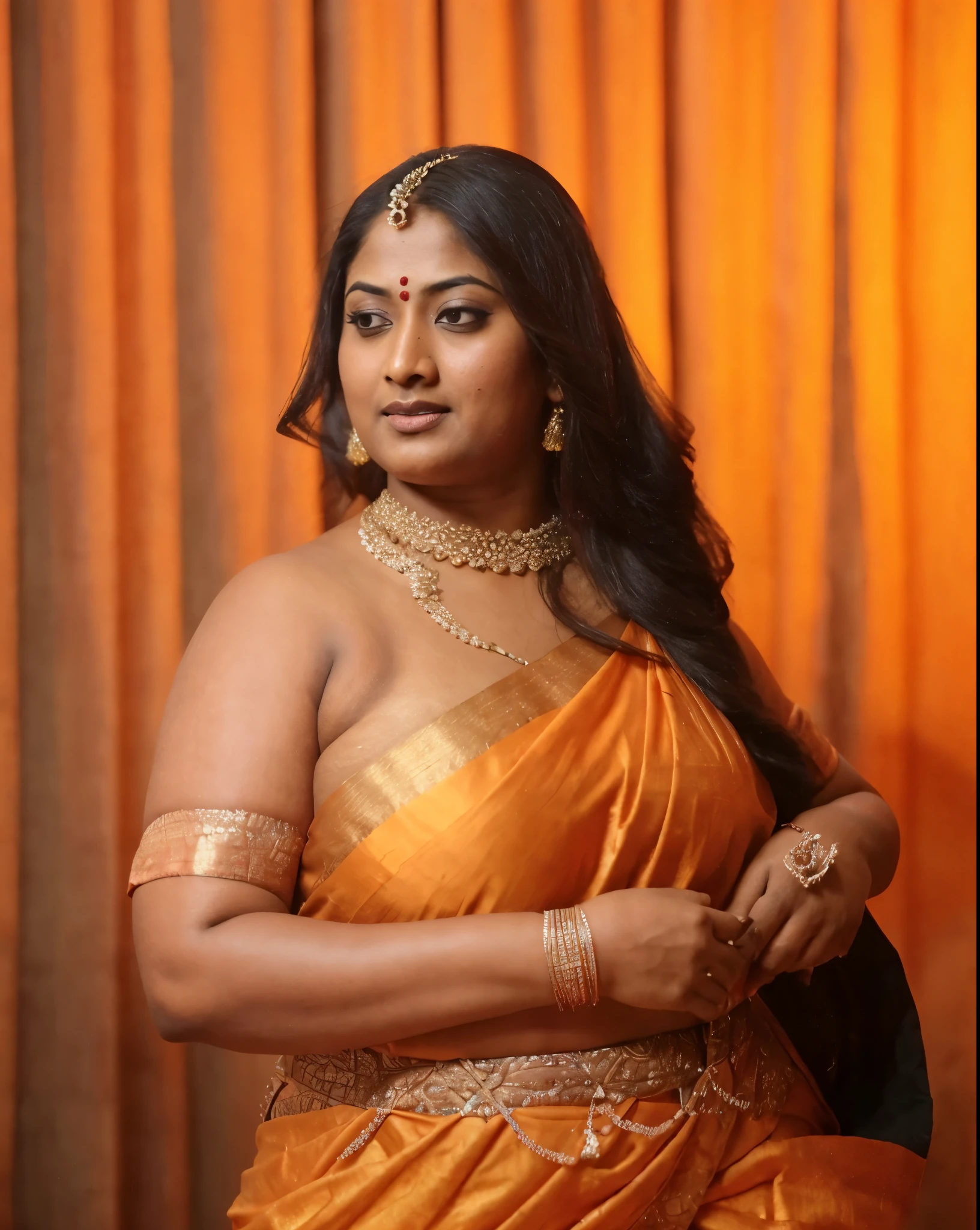 arafed woman in a pink sari, looks like Sandeepa Dhar, thick figure, chubby mallu aunty, heavy physique, voluptuous, curvy, traditional beauty, hindu aesthetic, assamese aesthetic, traditional makeup, indian goddess, indian girl with brown skin, wearing bihu dress mekhela sador, indian style, indian, gorgeous woman, south east asian with round face, a stunning portrait of a goddess, beautiful himalayan woman, beautymarks,