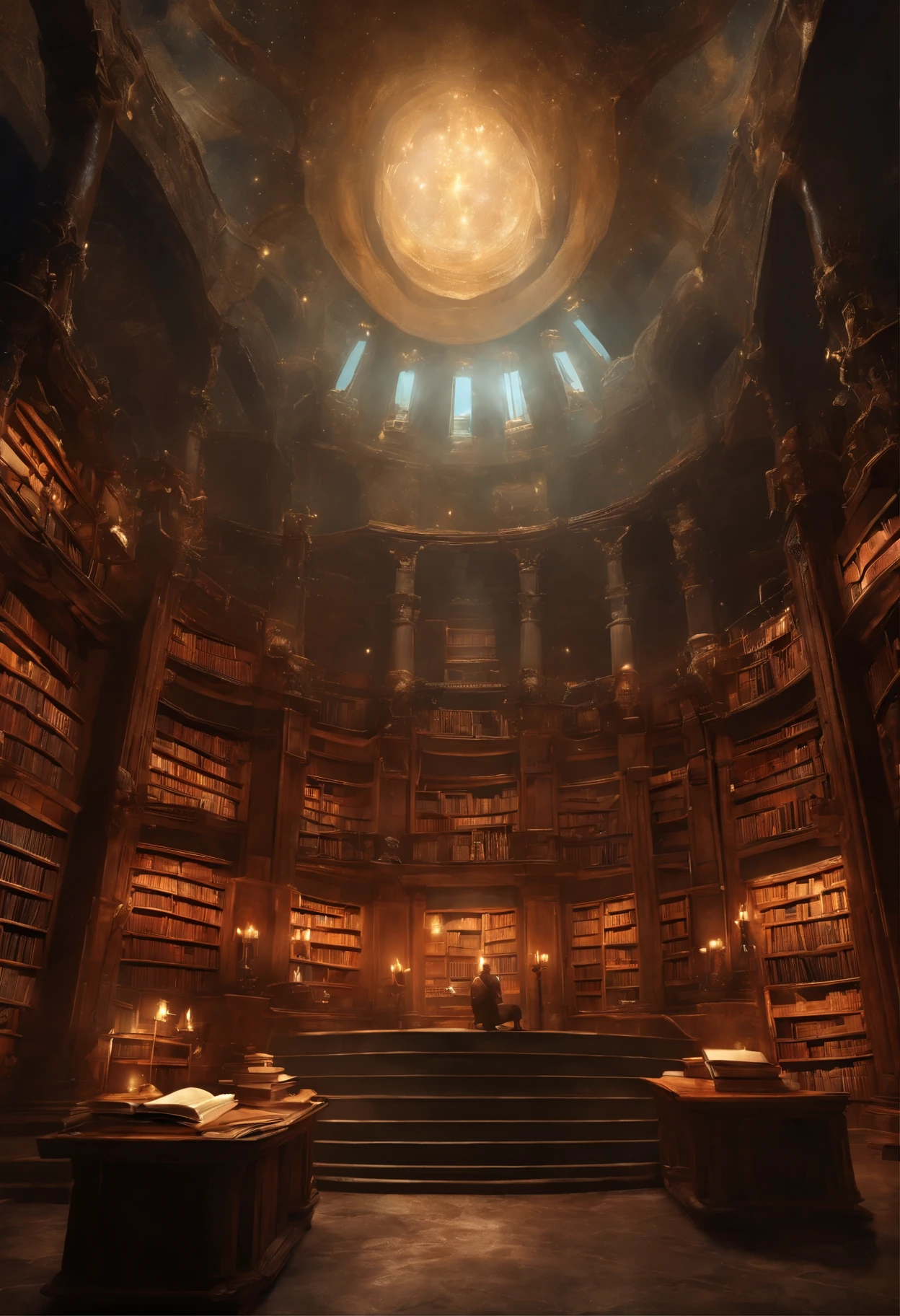 (Obra de arte,melhor qualidade de imagem,high resolution)imagem arafada de um homem parado em uma biblioteca com livros, livros sem fim, uploaded space library art, caverna de livros, fantasy book illustration, prateleiras espirais cheias de livros, biblioteca celestial infinita, uma biblioteca eterna, gothic epic library concept, magic library, Japanese science fiction book art, beeple e jean giraud, livros por todo lado