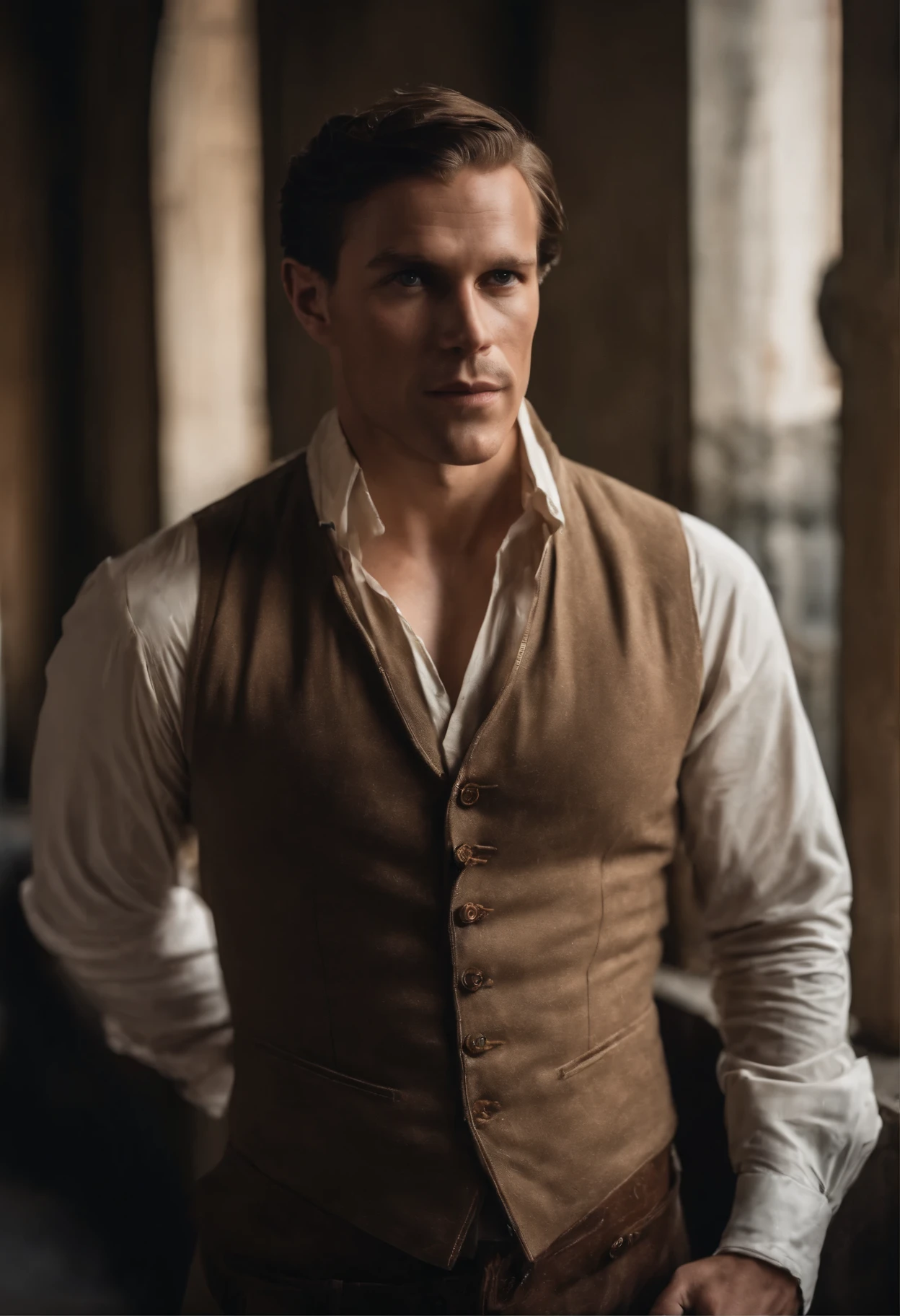 White man with brown short hair. His physique is vigorous, It should be large. Er befindet sich in der Stadt. open shirt, regency era
