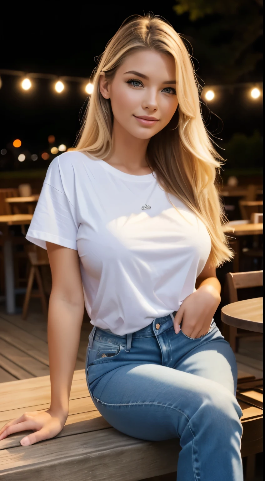 Foto hiperrealista en primer plano de Emily Sears, masterpiece, best quality, (photorealistic:1.4), full body, (white oversize male t-shirt:1.1), (blue jeans:1.2), brown sandals, sitting in caffe shop at the table, seen on the riverbank, river shore, summer night, darkness night, night, during the night, neons, cinematic light, beautiful woman, skinny, large big breasts, straight blond hair, detailed face, smile, facing the camera, photo taken from a distance, age of 20 years old,