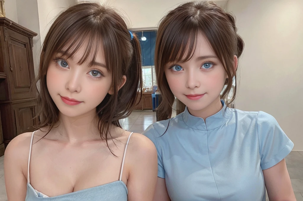 Blue eyes,Blue dress,brown hair, hair over shoulder, ponytail, grin, blush, Surrealism, Hyperrealism, Verism, wide shot, UHD, masterpiece, ccurate, anatomically correct, textured skin, super detail, high details, high quality, highres, 1080P, HD, 8k