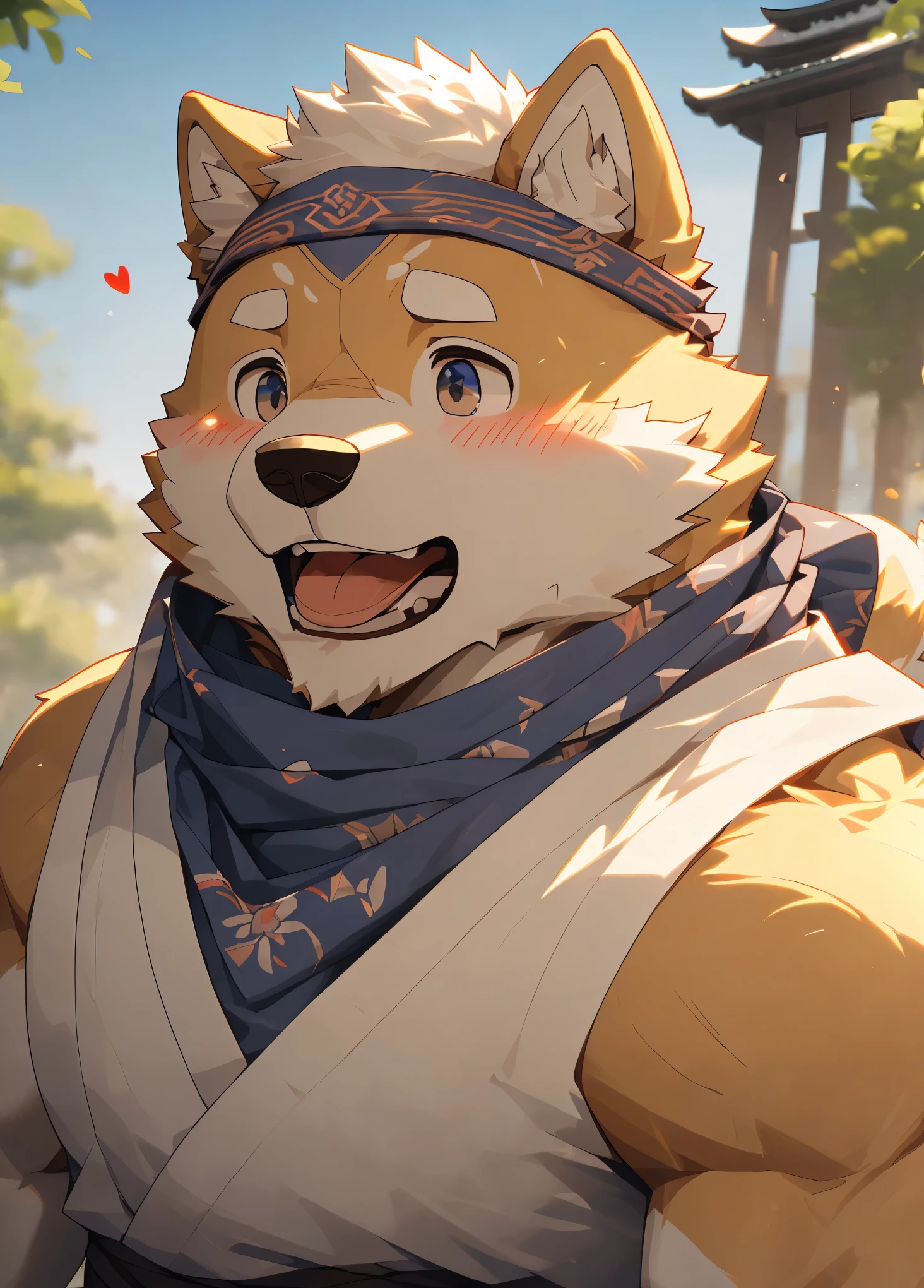 (masterpiece)，(Very detailed)，(best quality)，hairy，Shiba Inu，Yellow fur，white hair，Gray pupil，(Japan samurai costume)，((Neck scarf))，(Head scarf)，((Stick out your tongue and gasp))，(blush:1.1)，((Lovely expression))，8k，(high quality)，(Ultra HD)，(Ultra Detailed)