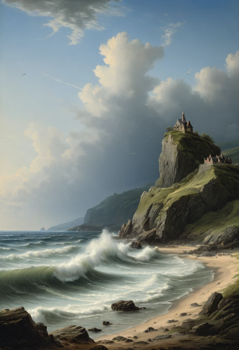 Blue Coast, beach, by Abraham Pether, best quality, masterpiece, very aesthetic, perfect composition, intricate details, ultra-detailed