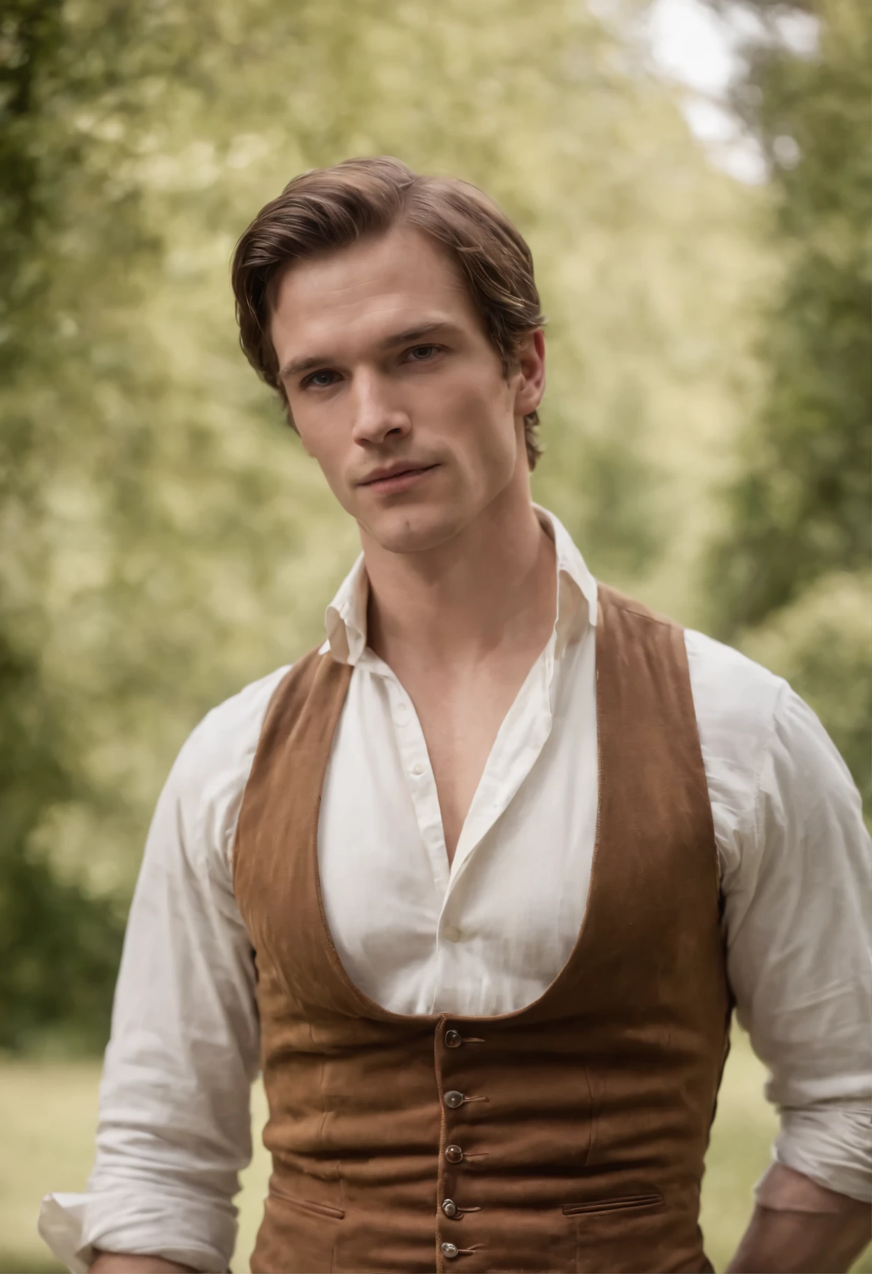 White man with brown short hair. His physique is vigorous, It should be large. Er befindet sich in der Stadt. open shirt, regency era