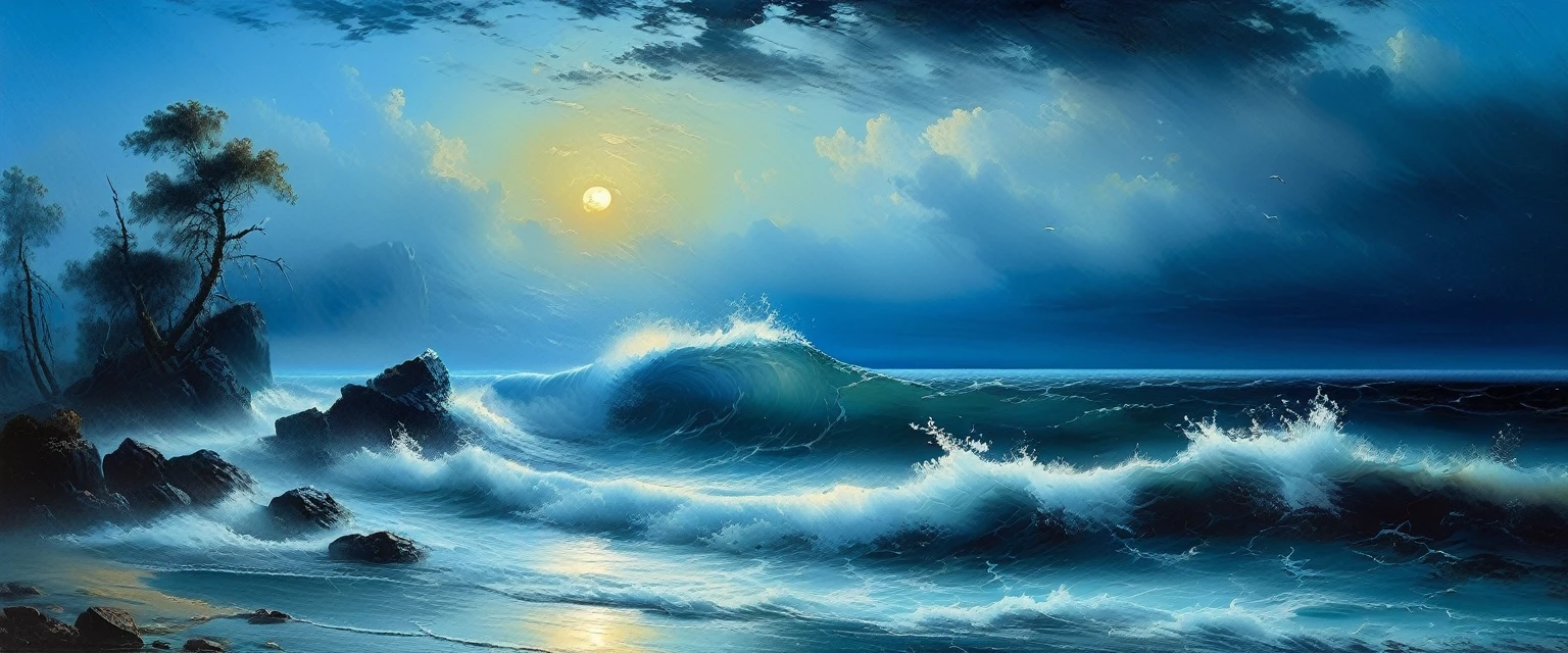 (((Blue coast, low tide))), high quality, masterpiece,((Ivan Aivazovsky style)), dark color, marinism, oil painting knife, ((best quality, masterpiece)), (high detail), impressionism:1.1, 8k
