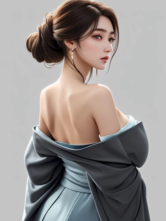 Best quality, masterpiece, high resolution, 1 girl, realism, (high detail skin: 1.2), 8k UHD, DSLR, soft light, high quality, volumetric lighting, photo, high resolution 4K, 8K, blurred background, (from behind), (shoulder blades), beautiful neck, kimono, off shoulder kimono, looking behind, asian, brown hair, tied up hair, black eyes, perfect eyes, double eyelids, simple earrings, seductive face, (large breasts), SFW