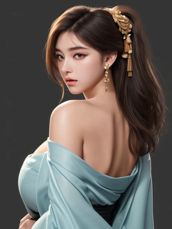 Best quality, masterpiece, high resolution, 1 girl, realism, (high detail skin: 1.2), 8k UHD, DSLR, soft light, high quality, volumetric lighting, photo, high resolution 4K, 8K, blurred background, (from behind), (shoulder blades), beautiful neck, kimono, off shoulder kimono, looking behind, asian, brown hair, tied up hair, black eyes, perfect eyes, double eyelids, simple earrings, seductive face, (large breasts), SFW