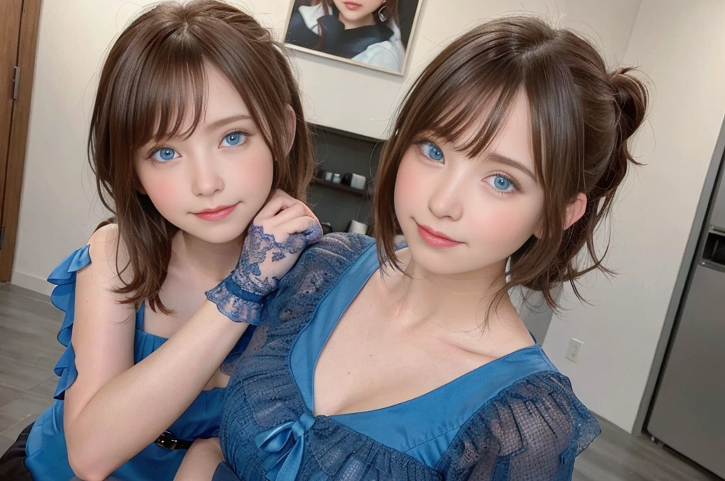 Blue eyes,Blue dress,brown hair, hair over shoulder, ponytail, grin, blush, Surrealism, Hyperrealism, Verism, wide shot, UHD, masterpiece, ccurate, anatomically correct, textured skin, super detail, high details, high quality, highres, 1080P, HD, 8k