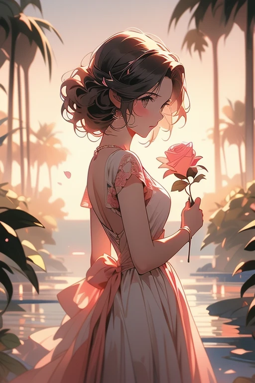 (Obra maestra:1.2), Mejor calidad, (illustration:1.2), (ultra detallado), hiper detalles, (delicado detallado), (detalles intrincados), (cinematic light, Mejor calidad Backlights), Delete line, desde abajo, solista, Cuerpo perfecto, (1 chica), a beautiful sunset in the middle of the sun there is a laidy wearing black and pink , holding a black rose, (constituir), alto contraste, (mejor iluminacion, un extremadamente creado y hermoso), (cinematic light), vistoso,