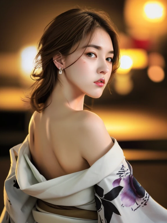 Best quality, masterpiece, high resolution, 1 girl, realism, (high detail skin: 1.2), 8k UHD, DSLR, soft light, high quality, volumetric lighting, photo, high resolution 4K, 8K, blurred background, fireworks in the sky, night, (from behind), (shoulder blades), beautiful neck, kimono, off shoulder kimono, looking behind, asian, brown hair, tied up hair, black eyes, perfect eyes, double eyelids, simple earrings, seductive face, (large breasts), SFW
