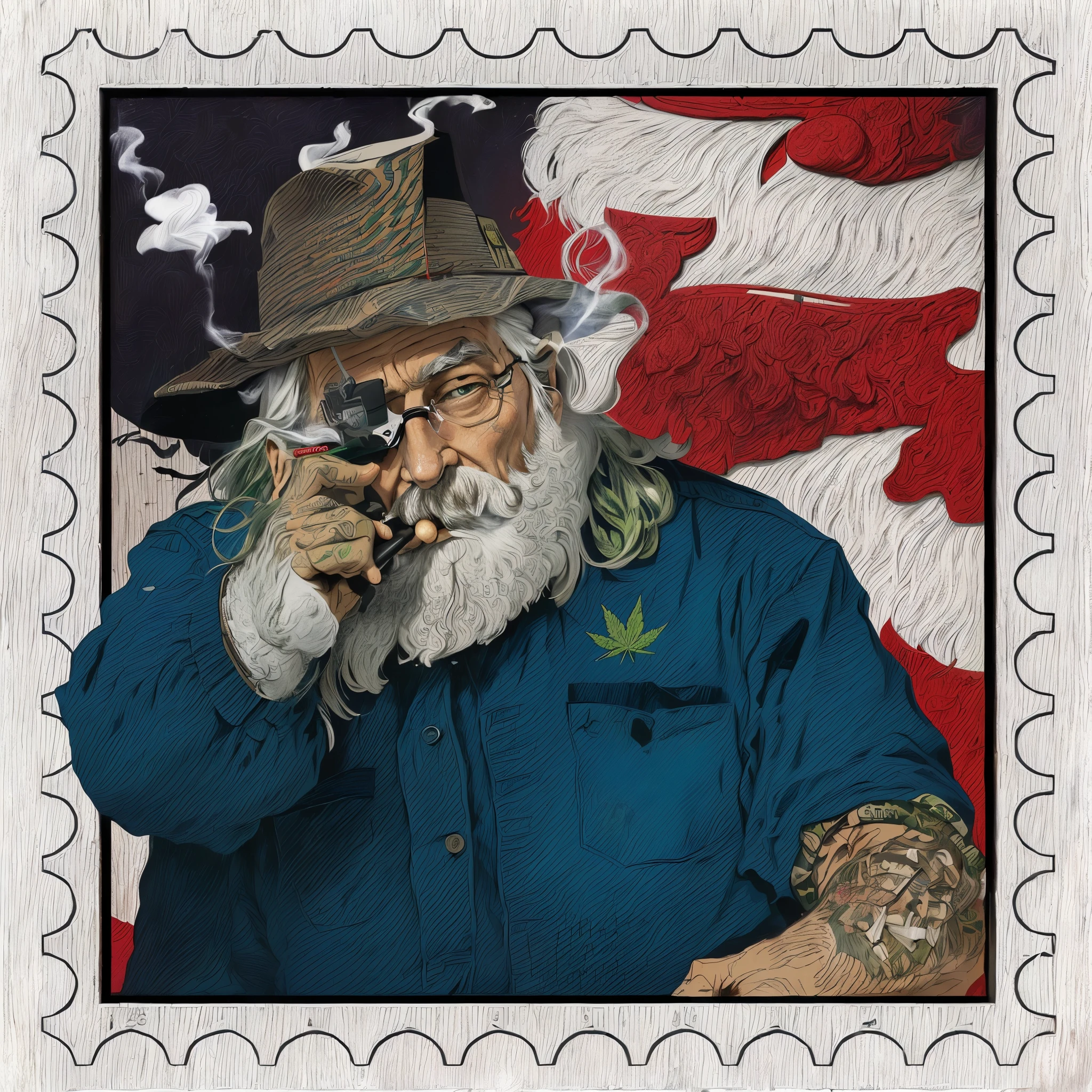 a close up of a stamp with a man smoking a cigarette, stamp, on a poststamp, postage, blunt borders, cannabis paranoia, marijuana, ganja, colorized, high times, bushy white beard, stoner, personification of marijuana, uncle sam, by Joe Stefanelli, marijuana photography, usa, american postcard art style, blunt, mad magazine illustration
