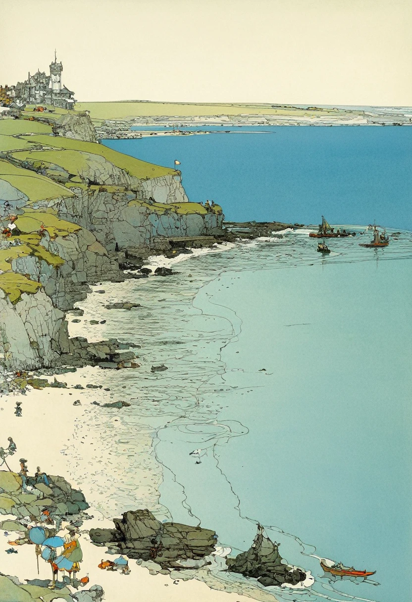 Blue Coast, beach, by W. Heath Robinson, best quality, masterpiece, very aesthetic, perfect composition, intricate details, ultra-detailed