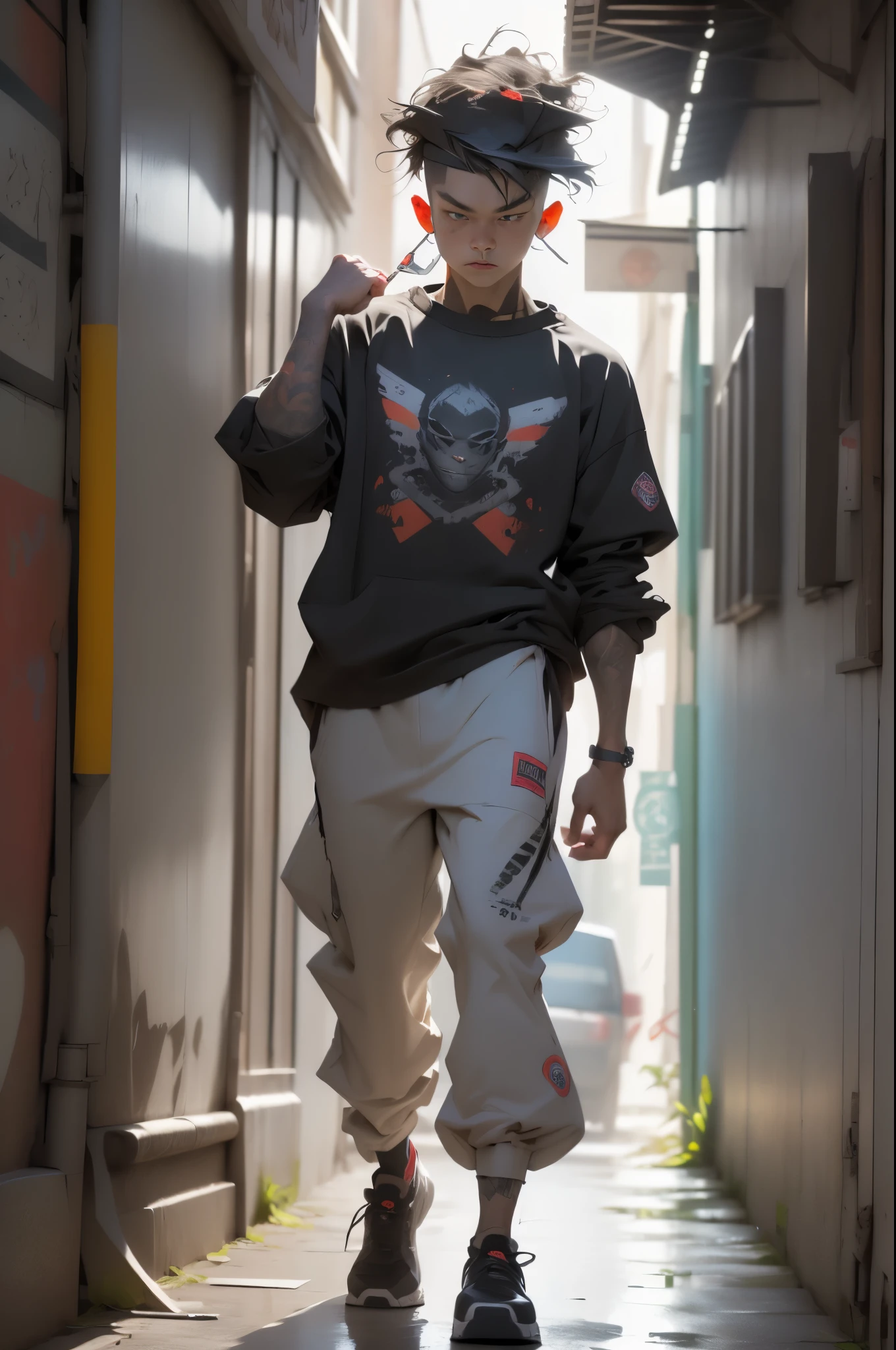 ((long shot, full body: 1.6)), purple: 1.5, orange: 1.1, green: 1.3, White: 1.3, yellow: 1.3, (rapper boy with scary hair, highly detailed eyes and body and beautiful baggy and baggy clothes :1.6), tattoos, (walls with Graffiti: 1.2), flower, Leaves, born in the fog, lines, leaning on the wall with a spray paint in his hand:1.4, dynamic action pose, 32K.