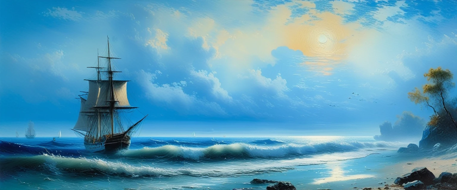 (((Blue coast, low tide))), high quality, masterpiece,((Ivan Aivazovsky style)), clear day, marinism, oil painting knife, ((best quality, masterpiece)), (high detail), impressionism:1.1, 8k