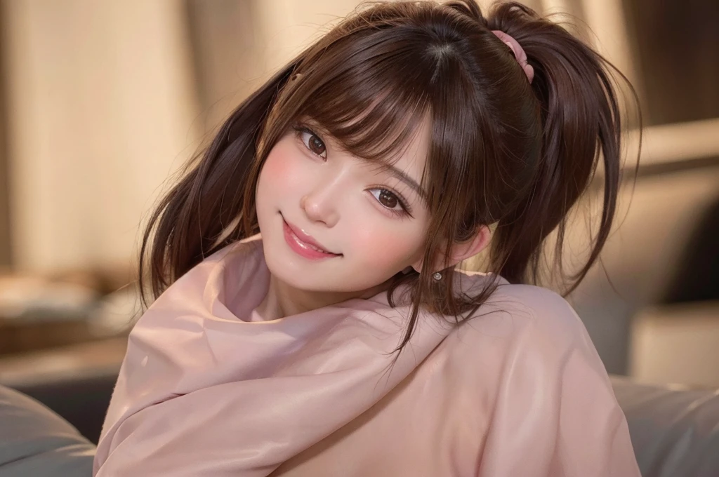 brown hair, hair over shoulder, ponytail, grin, blush, Surrealism, Hyperrealism, Verism, wide shot, UHD, masterpiece, ccurate, anatomically correct, textured skin, super detail, high details, high quality, highres, 1080P, HD, 8k