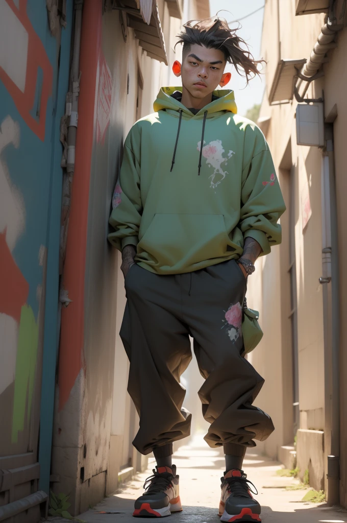 ((long shot, full body: 1.6)), purple: 1.5, orange: 1.1, green: 1.3, White: 1.3, yellow: 1.3, (rapper boy with scary hair, highly detailed eyes and body and beautiful baggy and baggy clothes :1.6), tattoos, (walls with Graffiti: 1.2), flower, Leaves, born in the fog, lines, leaning on the wall with a spray paint in his hand:1.4, dynamic action pose, 32K.