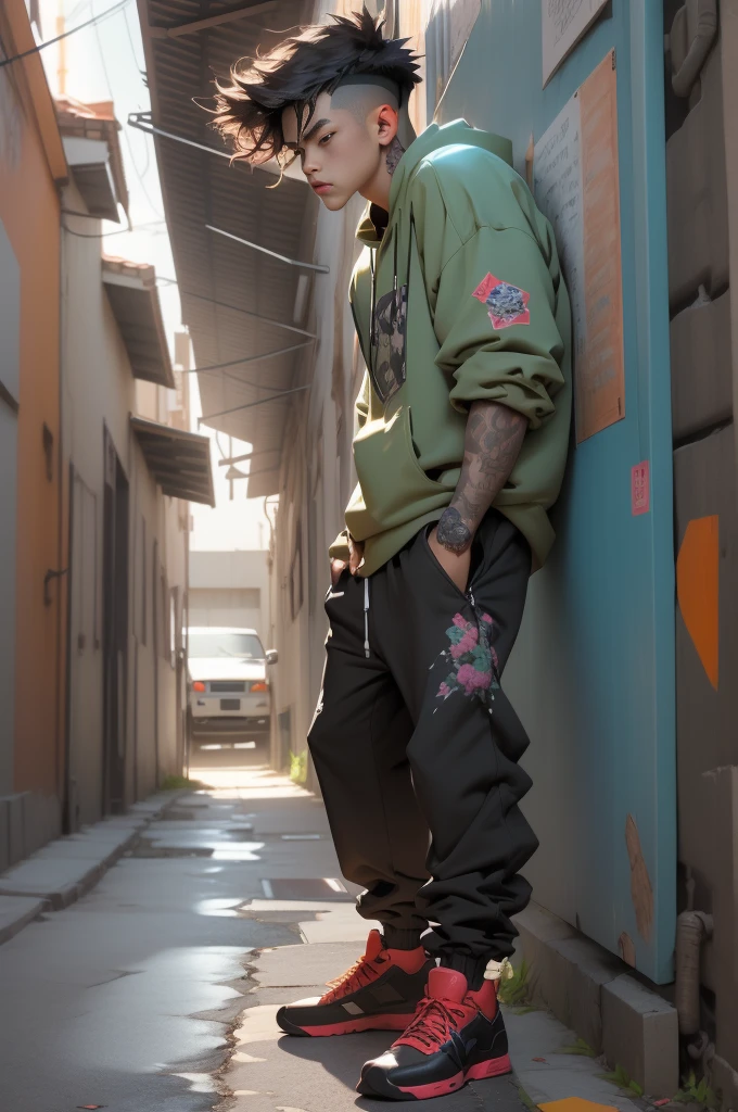 ((long shot, full body: 1.6)), purple: 1.5, orange: 1.1, green: 1.3, White: 1.3, yellow: 1.3, (rapper boy with scary hair, highly detailed eyes and body and beautiful baggy and baggy clothes :1.6), tattoos, (walls with Graffiti: 1.2), flower, Leaves, born in the fog, lines, leaning on the wall with a spray paint in his hand:1.4, dynamic action pose, 32K.