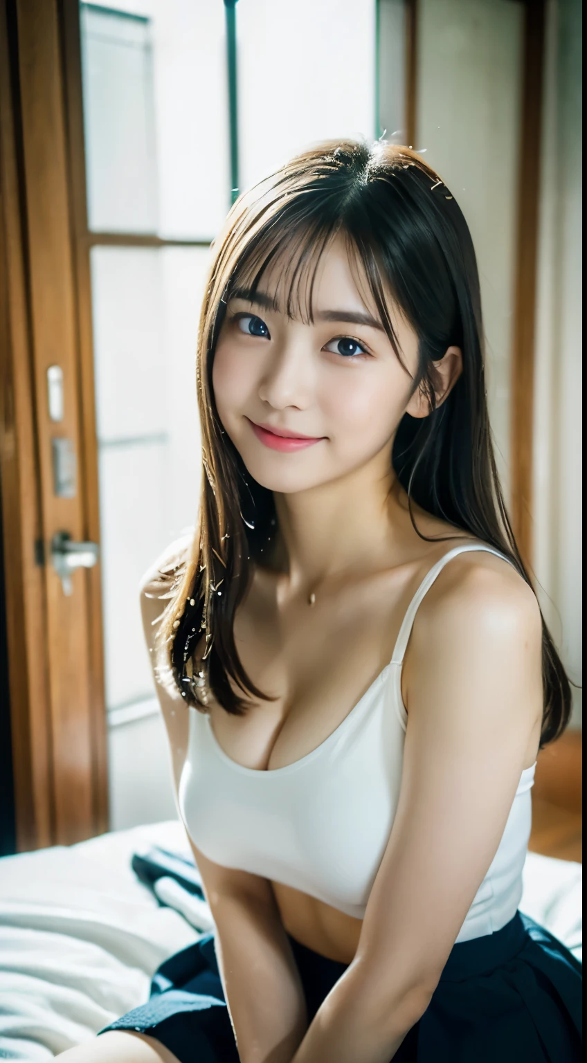 (((32ｋ,High detail,High definition、masterpiece,Attention to detail,Whole Body Ezbian,solo))),RAW Photos & Realistic atmosphere,美しい濃いblue eyes,Mouth details,Glossy Lips,Fine eyebrows,With soft white skin that shines in every detail、Detailed eyes、blue eyes,Very beautiful eyes,Detailed lips、Very beautiful face,Very well-formed face、A vivid face,Beautiful, shining lips, Realistic Young Gravure Idol, Very beautiful school girl, , Young Sensual Gravure Idol, Young Gravure Idol, Beautiful and cute adult１6 years old ,My whole body is wet,Dripping,Blushing,Very beautiful, Sexy and classy１6 years oldの女の子,Medium-long brown shiny hair,Wet hair,Dripping水,Dripping,(Looking at the camera：1.4）,（Girl sitting on bed in room）,（Sexy,Healthy and toned body,High Detail High Vision High Vision Japan HDTV Black HDTV High Vision Black High Vision Black High Vision High Vision Black High Vision High Vision Uniform,large, well-shaped breasts,,,Mature Body, I feel anxious and want to cry,Watery eyes,Cold Smile,Glare,Glare顔も美しい,High Resolution Arm,,High Resolution Finger,：1.5),