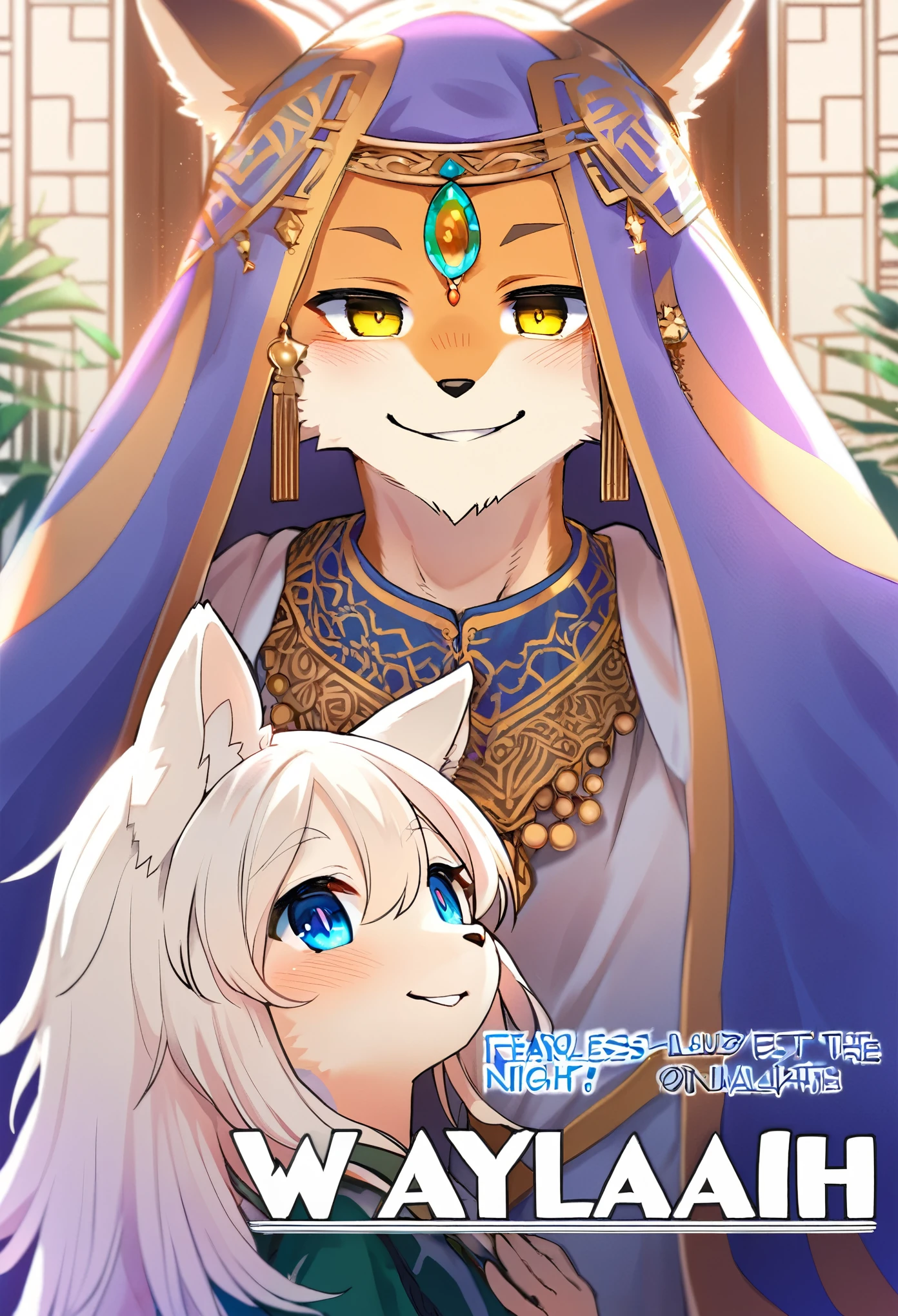 doujinshi cover_page, highres, top quality, best quality, paid reward available, unparalleled masterpiece, perfect artwork, absurdres, High-quality illustrations, super high resolution, detailed background, perfect anatomy(1girl, 1boy, couple, kemono, furry anthro, fearless smile, Arab national costume, love romance)The Arabian Nights, Alf Laylah wa Laylah,