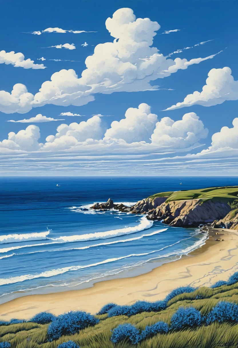 Blue Coast, beach, by Bill_Brauer, best quality, masterpiece, very aesthetic, perfect composition, intricate details, ultra-detailed